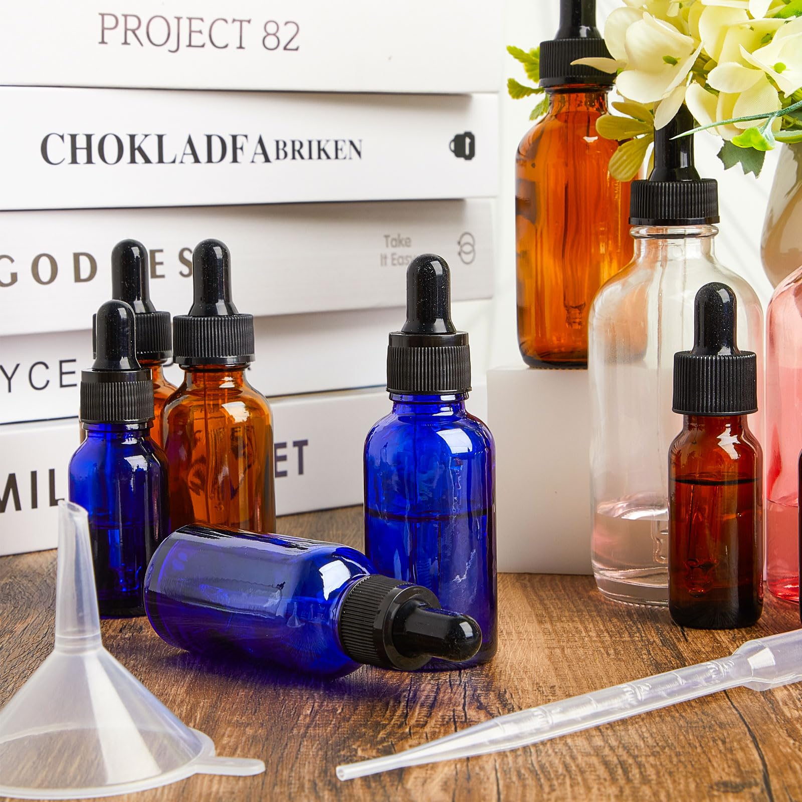 Lallisa Tropfflaschen für ätherische Öle, Glas-Tropfflaschen mit Augentropfenspender, Tropfflaschen mit 5 Trichtern, 5 Pipetten, 3 ml, 100 Etiketten für ätherisches Öl, Parfüm (blau, 30 ml, 1 oz)