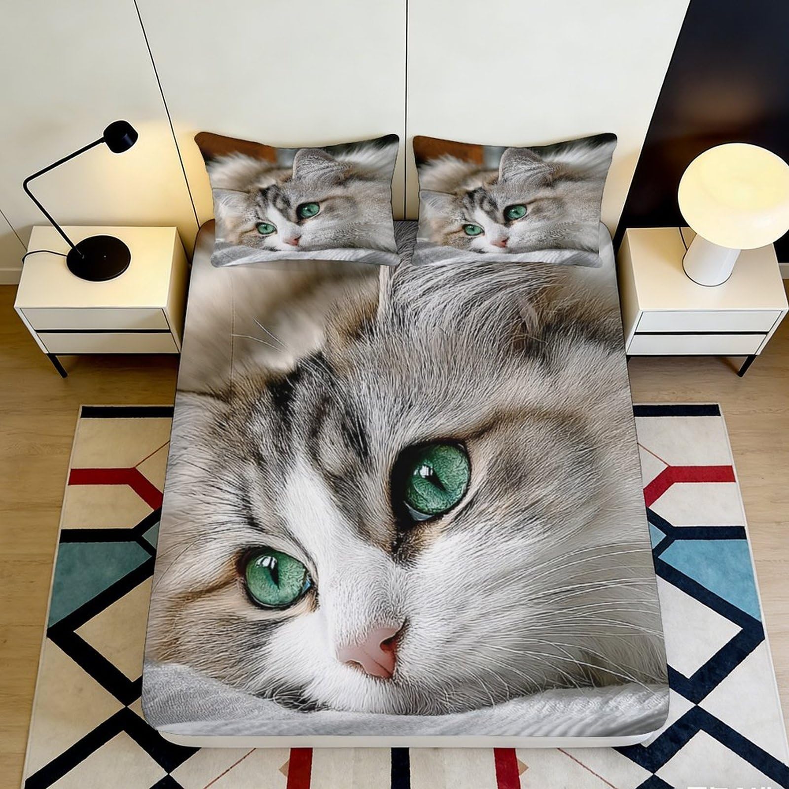 3D Printed Green Cat Eyes Fitted Sheet Microfiber Soft Anti-Slip Bed Cover for Bedroom Guest Room Dorm Decor 90x200x25cm