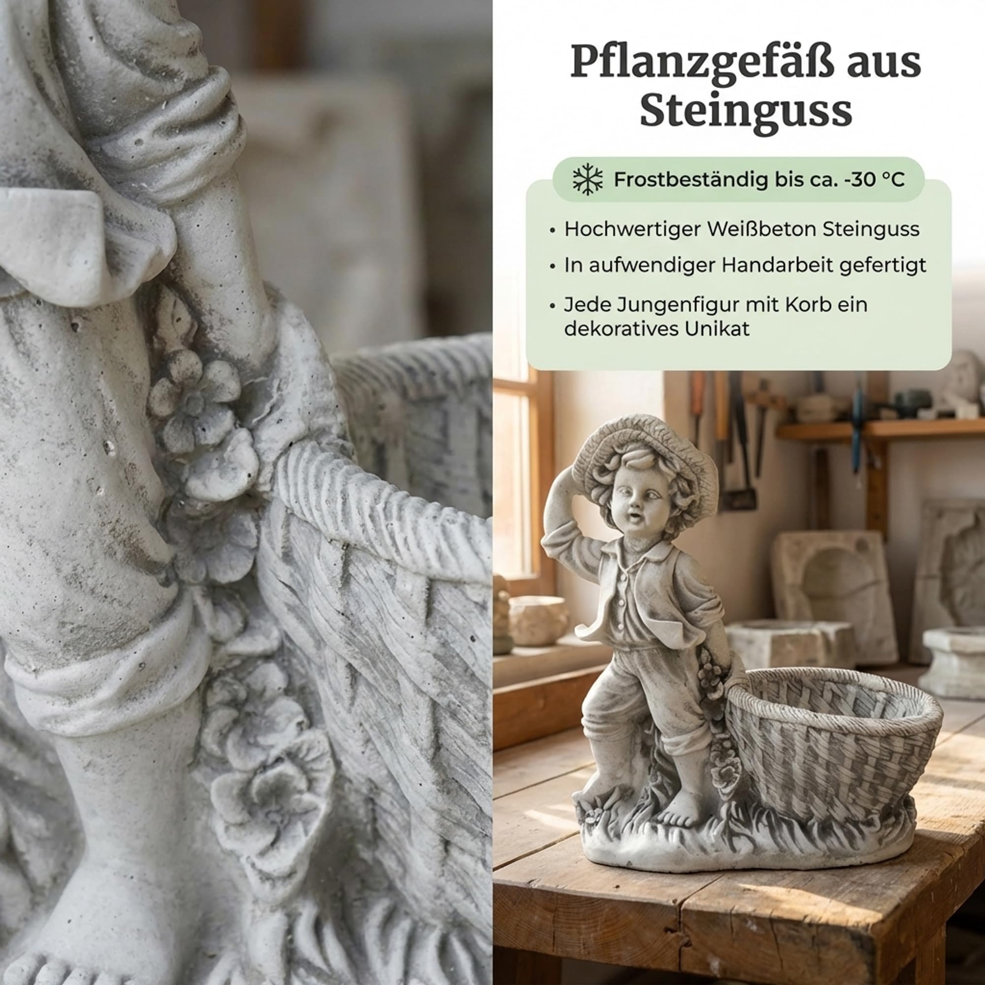 gartendekoparadies.de Figurine garçon en Pierre Solide avec jardinière, Hauteur 39 cm, 1 Litre, Gris, Poids 10 kg, en Pierre moulée résistante au Gel