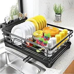 Escorredor De Louças Kleming, Preto em aço Carbono Resistente a Ferrugem com Bandeja, Multifuncional com Suporte de Utensílios, Antiderrapante, Preto.