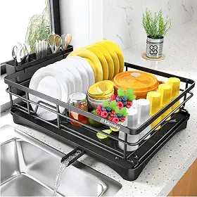 KLEMING| Escorredor De Louças Kleming, Preto em aço Carbono Resistente a Ferrugem com Bandeja, Multifuncional com Suporte de Utensílios, Antiderrapante, Preto.