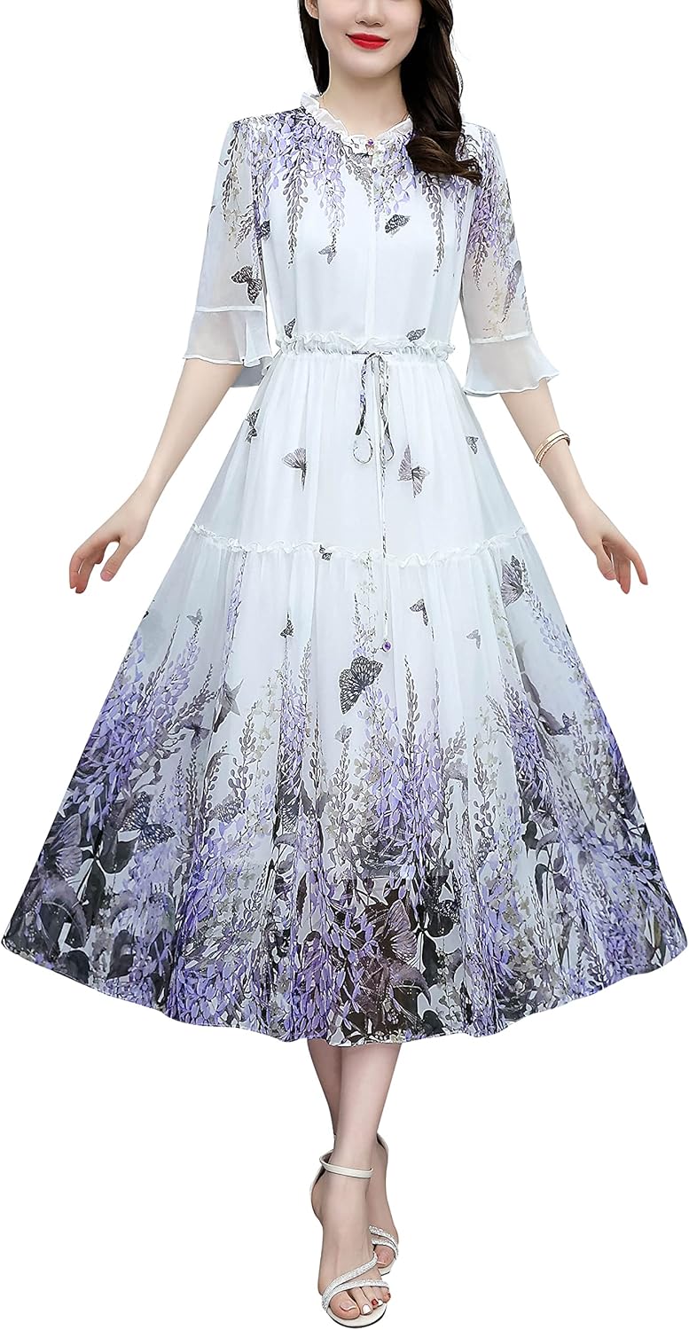 LAI MENG FIVE CATS Women's Vintage Round Neck Floral Print Casual Elegant Midi Dress