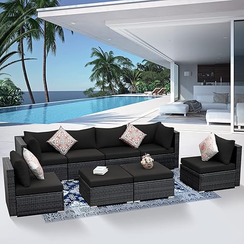 NICESOUL® 8 Piecs Large Outdoor Patio Furniture Set with Ottomans HDPE Patio Sectional Sofa Sets with Cushions Outdoor Grey Wicker Conversation Sets Black Cushions