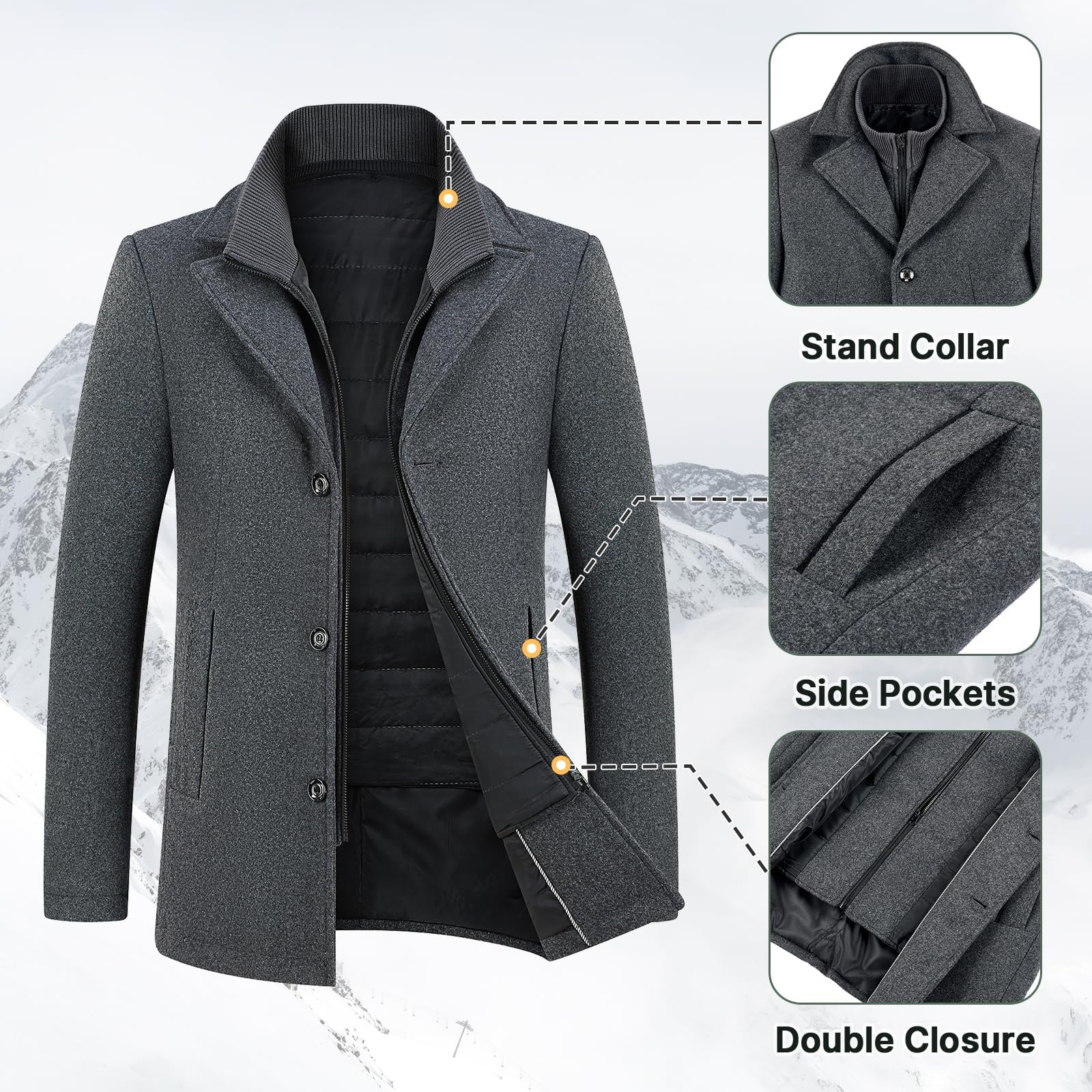 Herren Mantel und gepolsterte Weste 2-in-1 mittellanger Wintermantel | Wollmix-Mantel mit einreihigen Knöpfen, Business und Freizeit, geeignet für Büro, Pendeln und Alltag im Winter