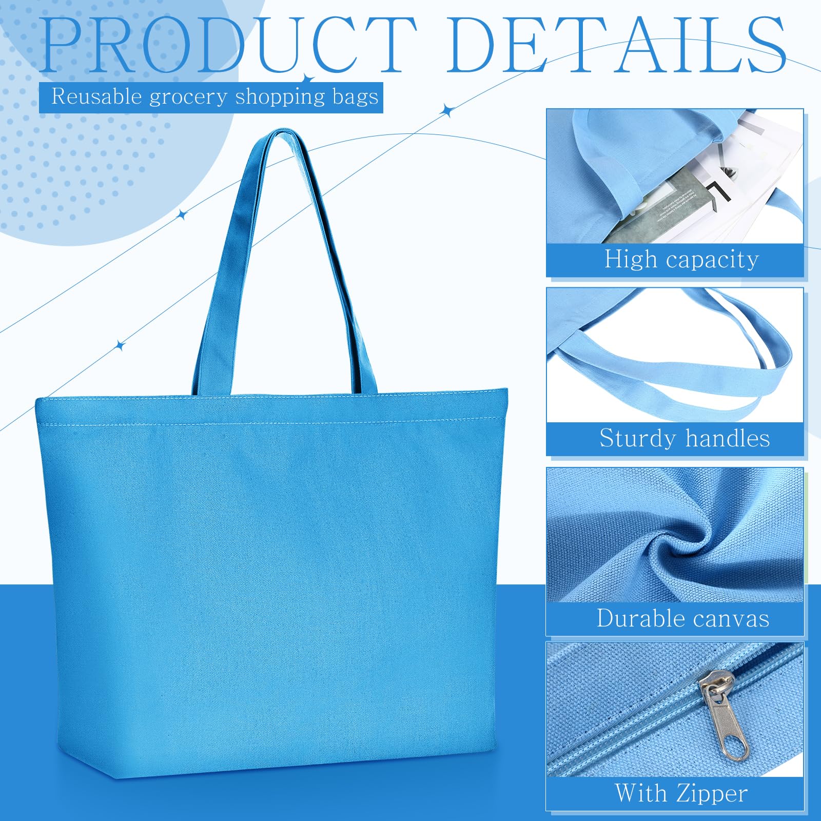 Epakh Grand sac fourre-tout réutilisable en toile de coton vierge avec fermeture éclair pour homme et femme