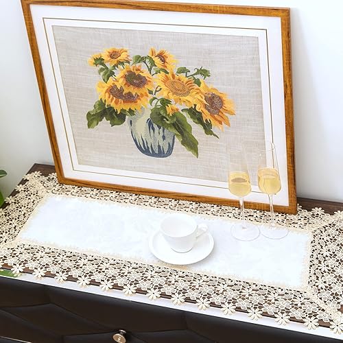 Miniatura 2 de Camino de mesa rectangular de granja de encaje beige premium, impermeable, a prueba de aceite, a prueba de derrames, antiencogimiento, suave,