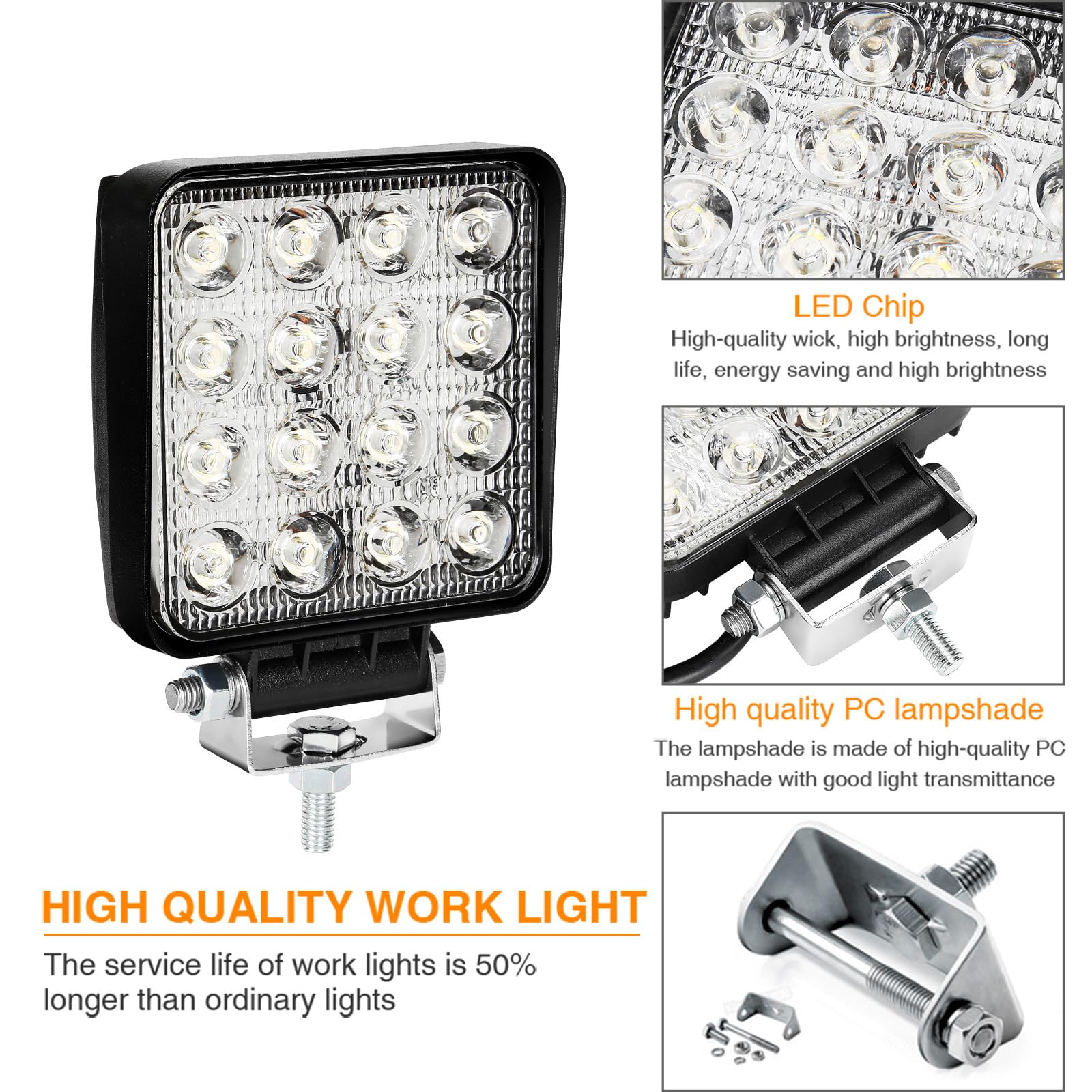 Lot de 4 projecteurs de travail LED 48 W 12 V 4320 lm Phare LED 6500 K Feu de recul IP67 étanche pour tracteur tout-terrain SUV