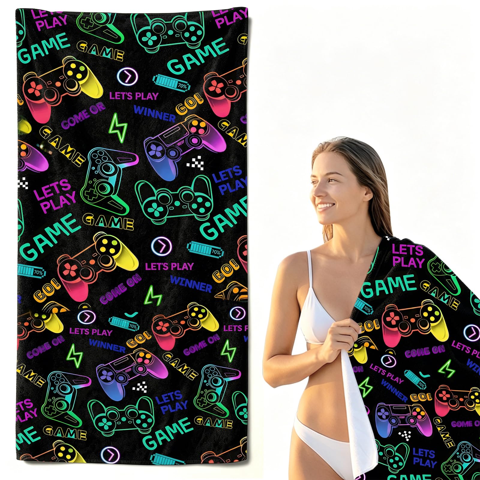 Gaming Beach Towel, Microfibre Beach Towel for Adults, Large Swimming Towels with Quick Dry & Sand Free, Neon Game Controller Towels, Soft and Lightweight Blanket for Camping Showers Pool Travel