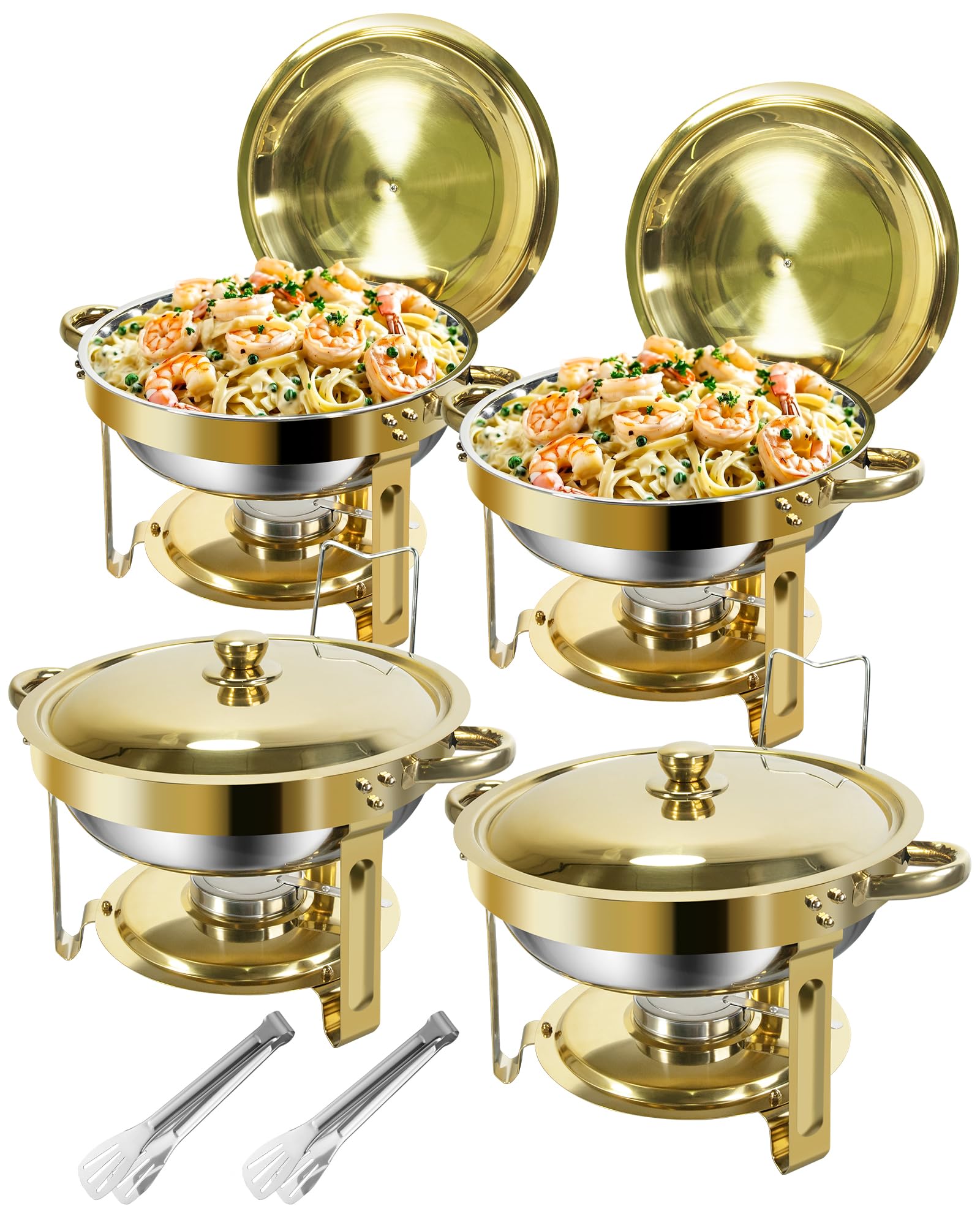 Chafing Dish Buffet Set 6L, 2-Pack Buffetservers en Warmhoudset met Dekselhouder, Goud en Zilver RVS Ronde Chafers voor Catering, Voedselwarmers voor Elk Feest, Diner, Bruiloft