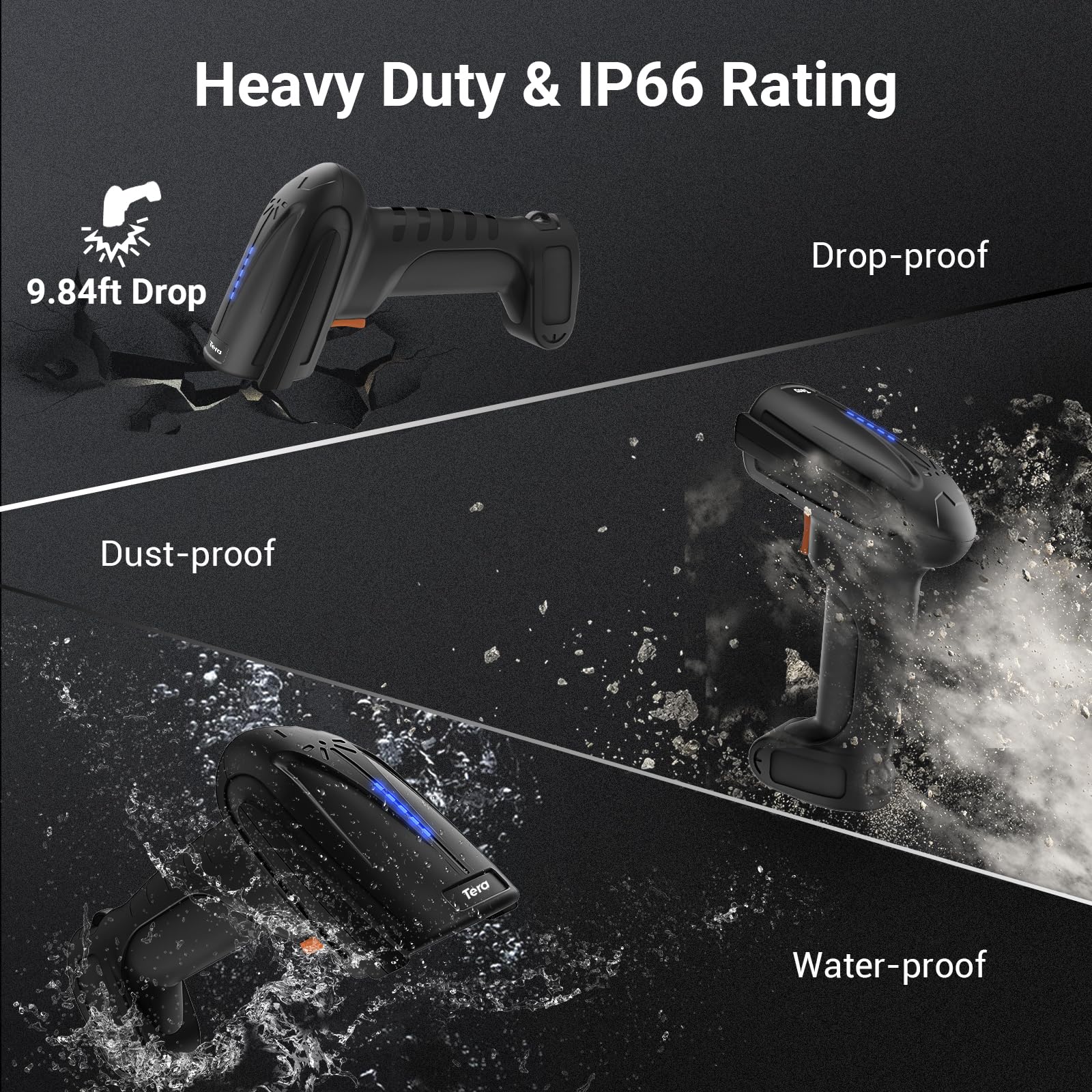 Tera Escáner de códigos de barras inalámbrico 2D QR con soporte: Pro Version Indicador de batería de 2500 mAh Lector de códigos de barras de grado industrial compatible con Bluetooth 2.4G para Windows