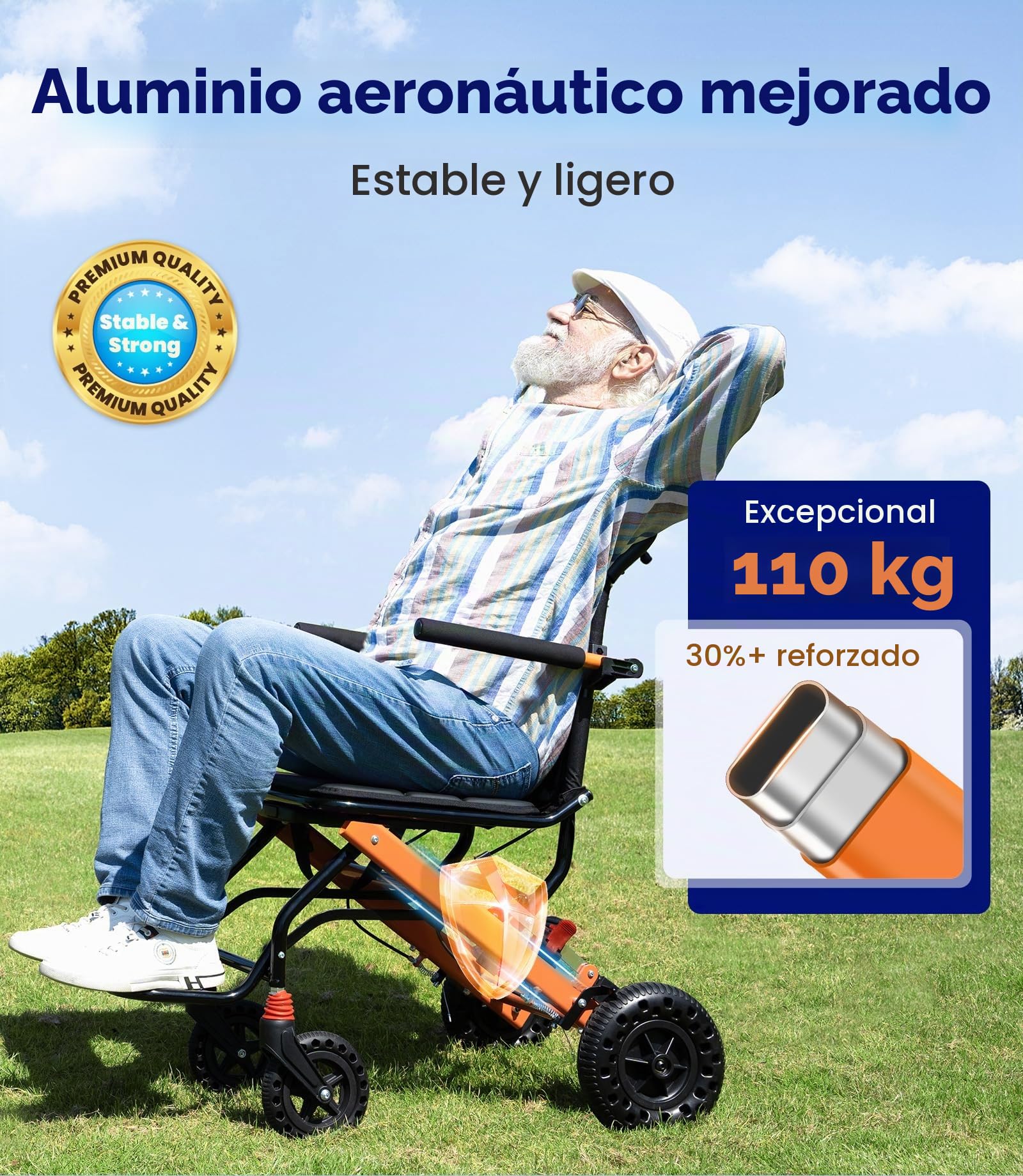 VOCIC U41 Silla de Ruedas Plegable Ultraligera 8.6KG | Silla ruedas transporte viaje en avión,neumáticos panal 20CM todo terreno,aluminio compacta 51CM (Naranja)