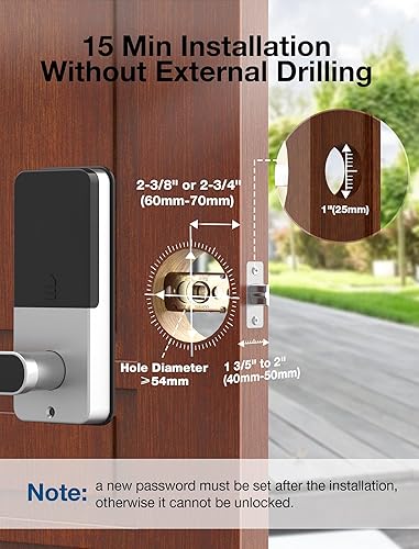 Miniatura 8 de GEONFINO Cerradura de puerta inteligente, cerradura de entrada sin llave plateada con asa, cerradura de puerta delantera con teclado, cerradura