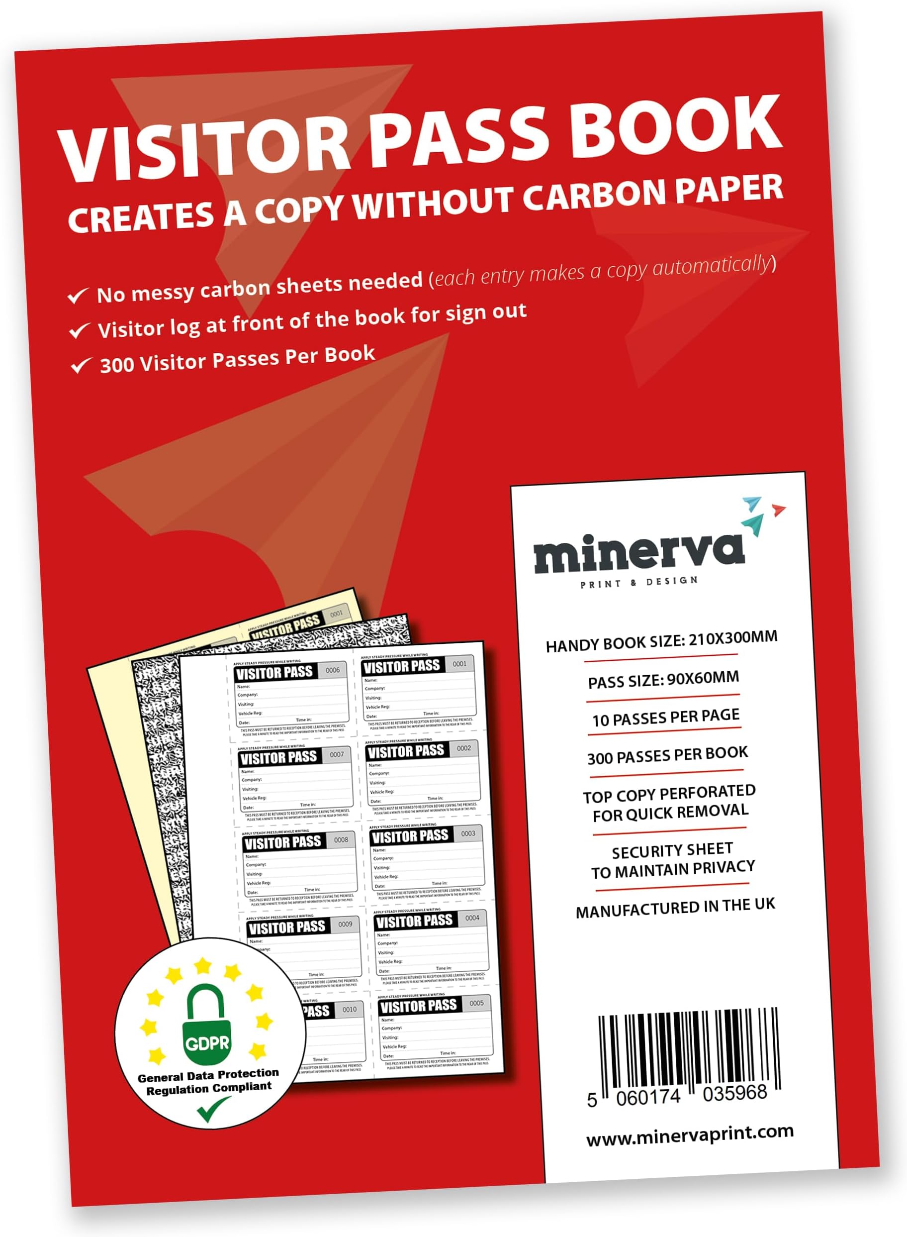 Visitor Pass Book, 300 Passes, No-Carbon Copy, UK Made Visitor Sign-In Book with Privacy Sheet and Perforated Passes for Office, Reception or Warehouse