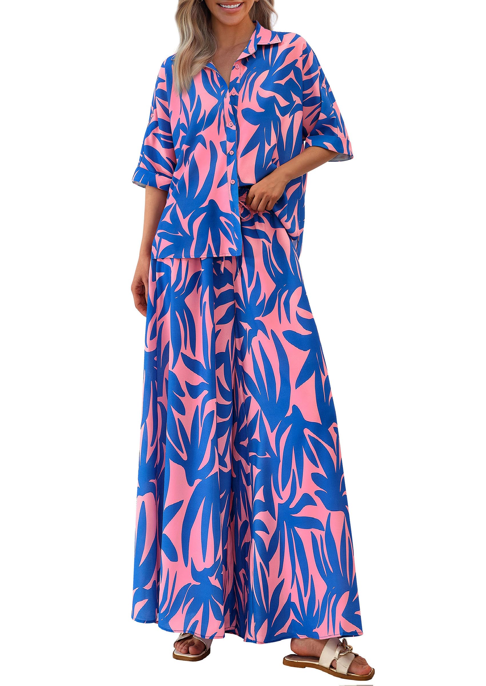 PRETTYGARDEN Women's 2 Piece Beach Vacation Outfit 2025 Casual Summer Floral Button Down Shirt Wide Leg Pants Matching Sets