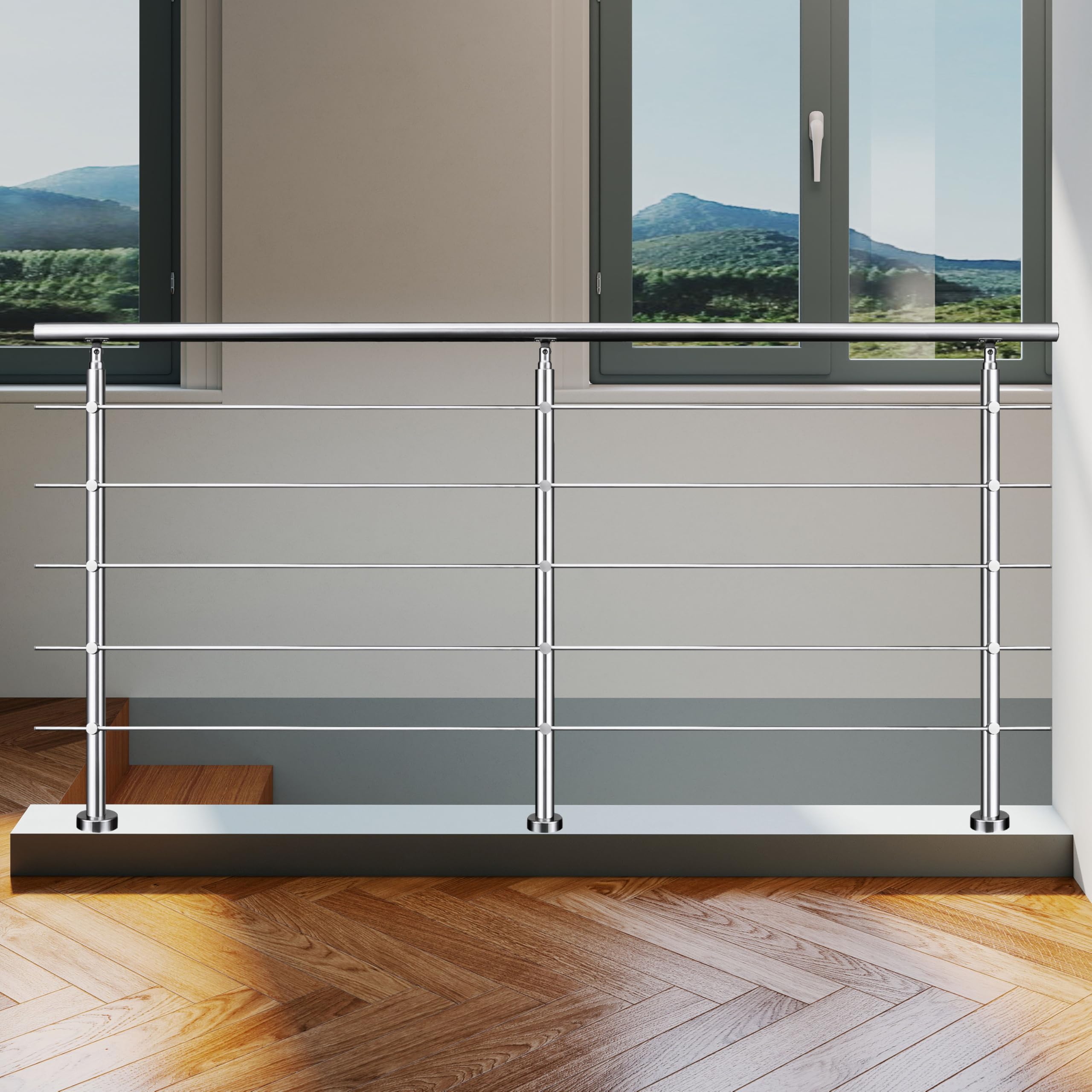 Aica Edelstahl-Geländer 200×106 cm Treppengeländer & Handlauf mit 5 Querstäben für Innen- und Außenbereich Einfache DIY-Montage