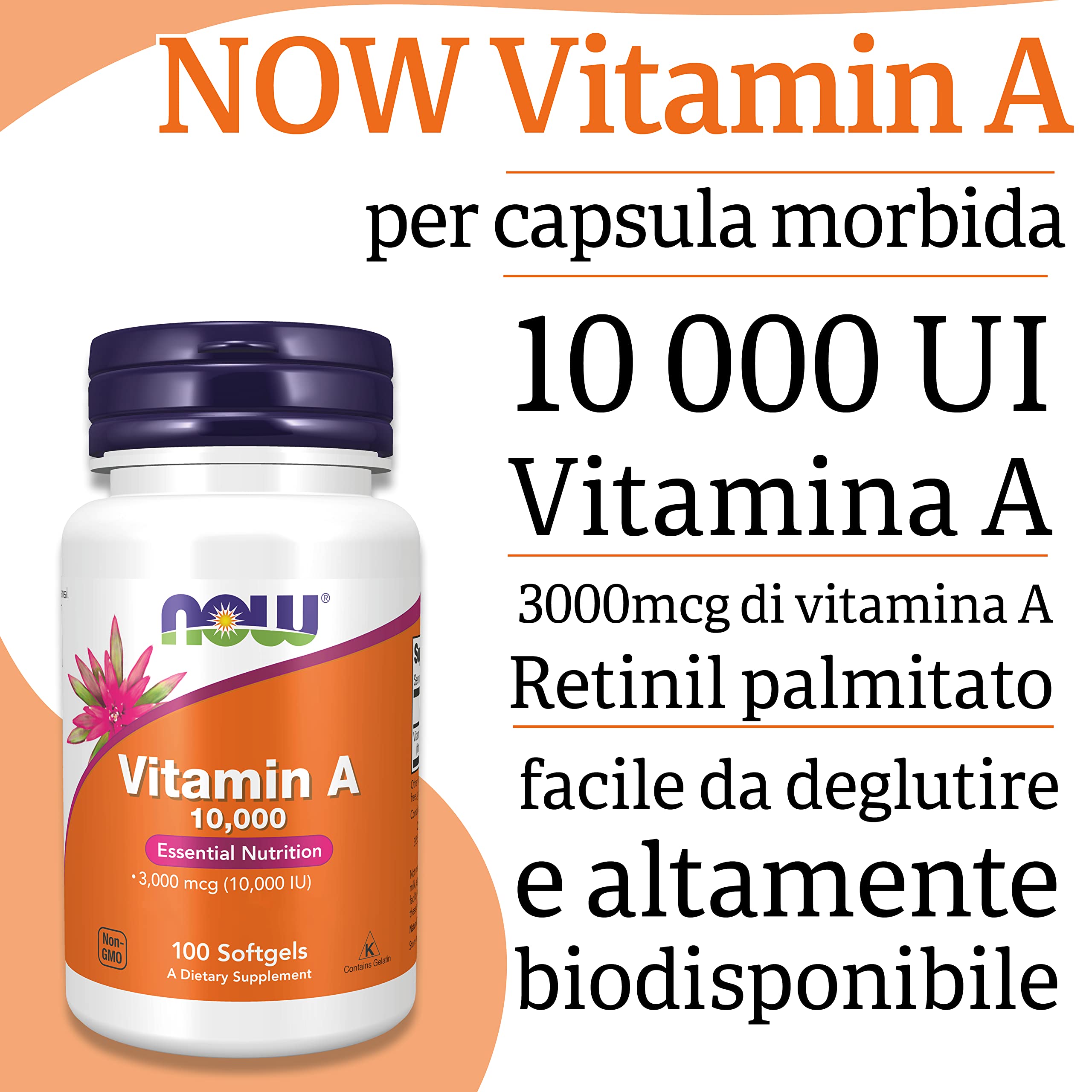 Now Foods Vitamina A 10000IU, 3000mcg, da palmitato di retinile e olio di fegato di merluzzo, ad alto dosaggio, 100 capsule, Testato in Laboratorio, Senza Glutine, Senza Soia, Non-GMO