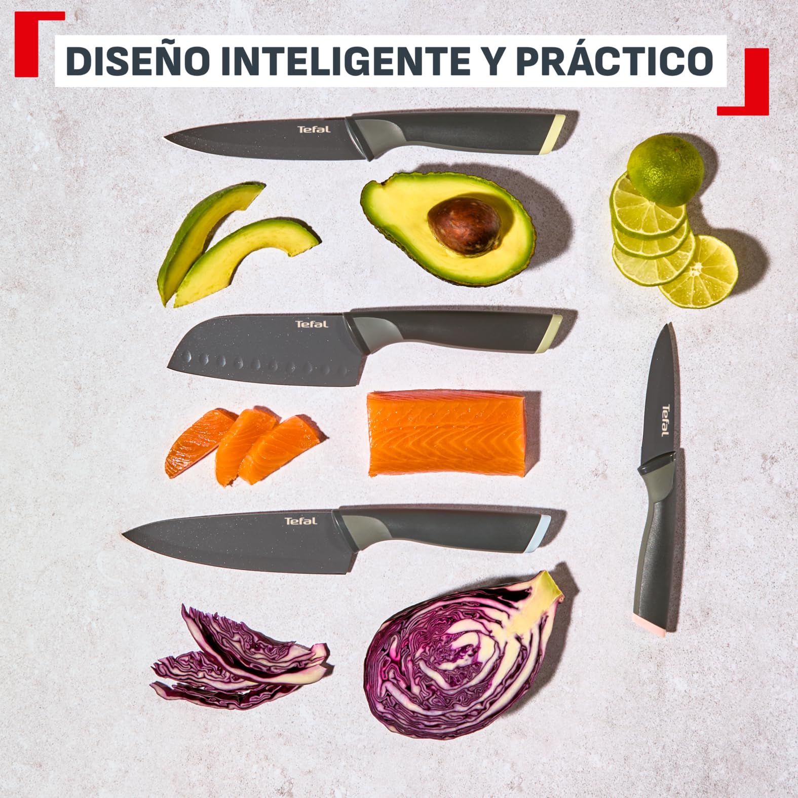 Tefal Slicy Knives, Set de 4 cuchillos + Bloque: Chef 15 cm, Santoku 12 cm, Utilitario 12 cm, Pelador 9 cm y, Cuchillas antiadherentes, Almacenamiento fácil, Colores identificativos