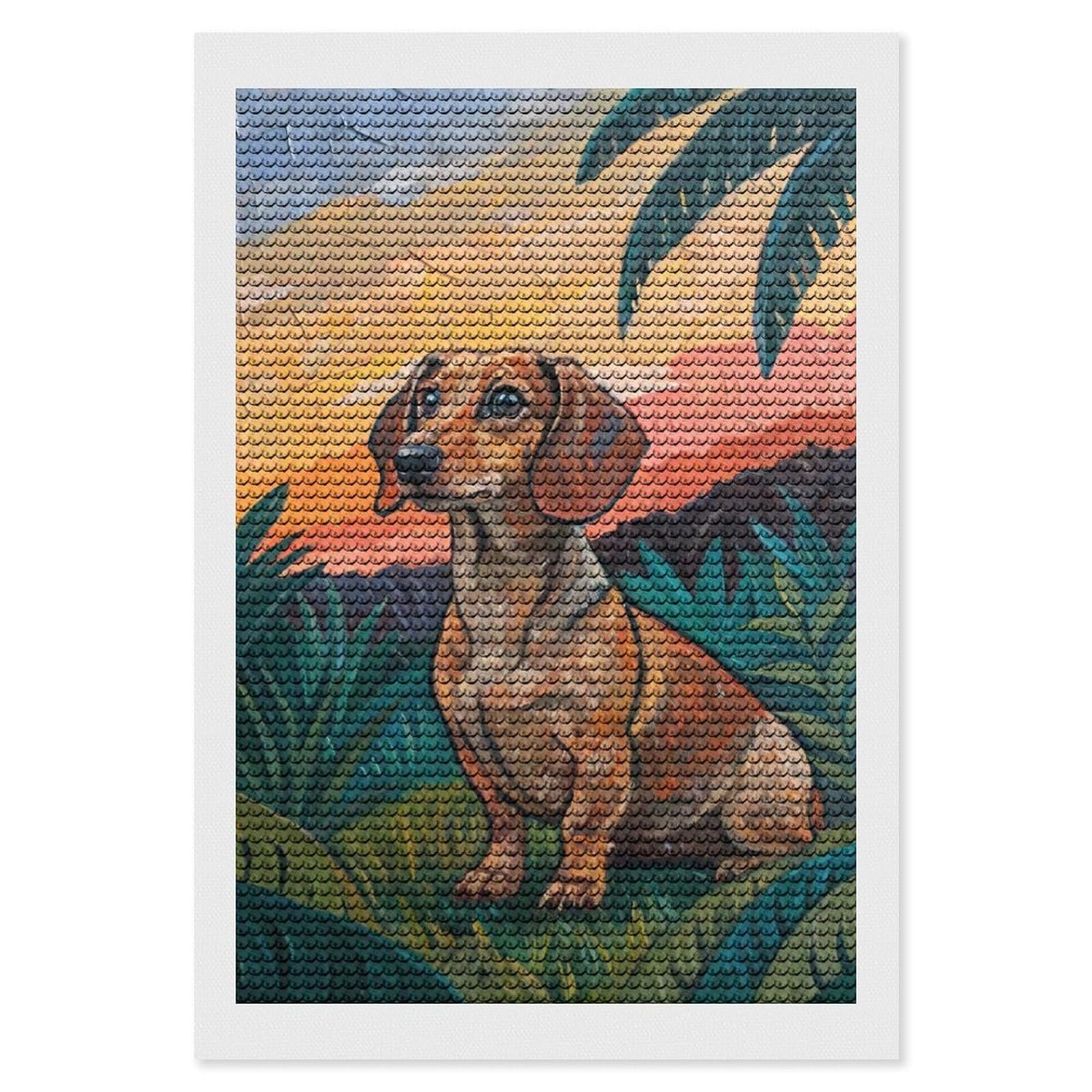 Junmoney Dachshund in A Tropical Sunset Diamond Art Kit 8"x12", Creative Leisure Activity, Complete Accessories, Vintage Style Decor, for Women