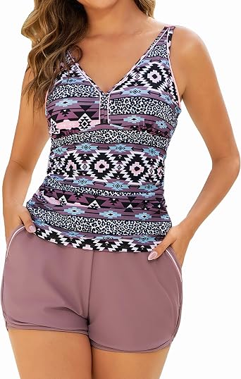 Arolina 2025 Womens Tankini Swimsuits with Pockets Tummy Control Two Piece Bathing Suits with Boy Shorts