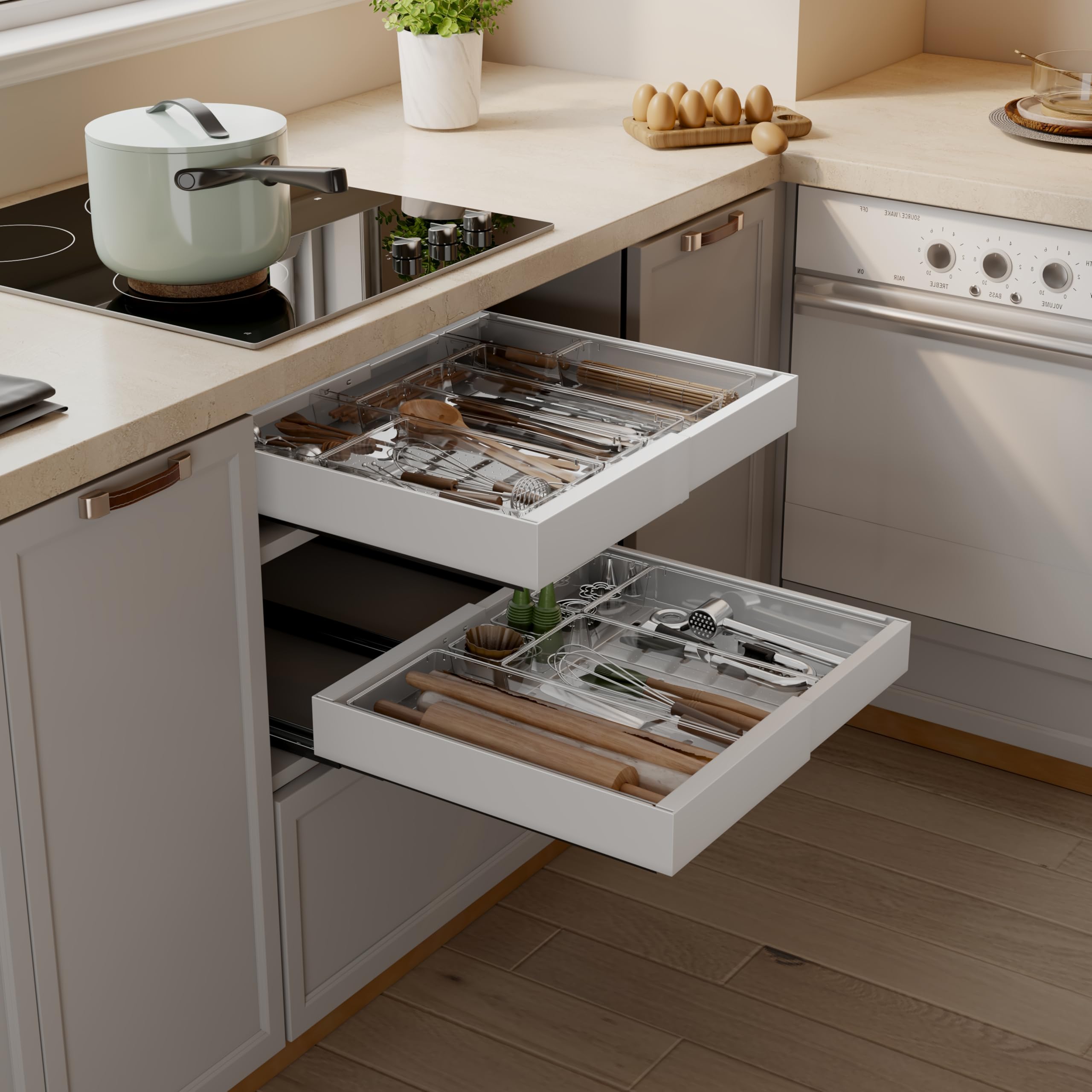 NETEL 2-Pack Expandable Pull Out Cabinet Organiser, Pull Out Drawers for Kitchen Cupboards, Width 31cm-52cm, with 14 Pack Drawer Dividers 4-Size, Cupboard Organiser, Peel And Stick No Drill
