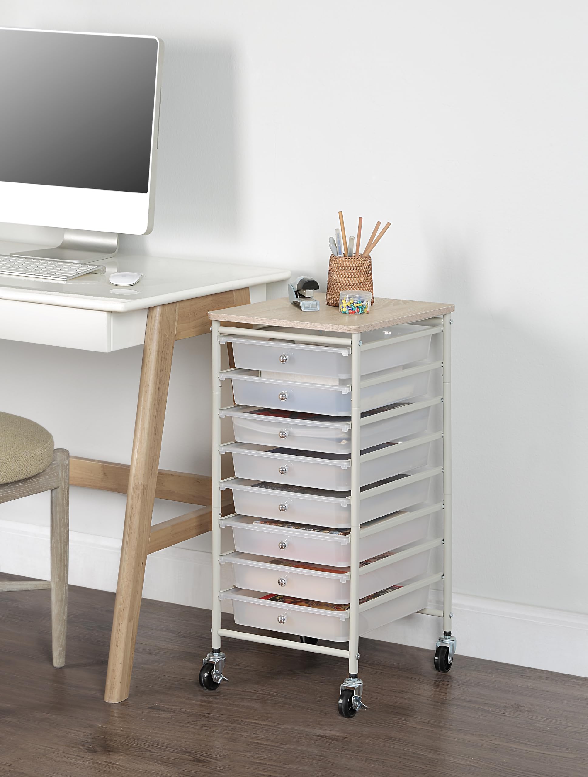 SunnyPoint Drewniany blat kompaktowy organizer na kółkach z 8 szufladami, mobilny wózek użytkowy, wózek do przechowywania pod biurkiem z kółkami (kompaktowy, 8 szuflad, biały)