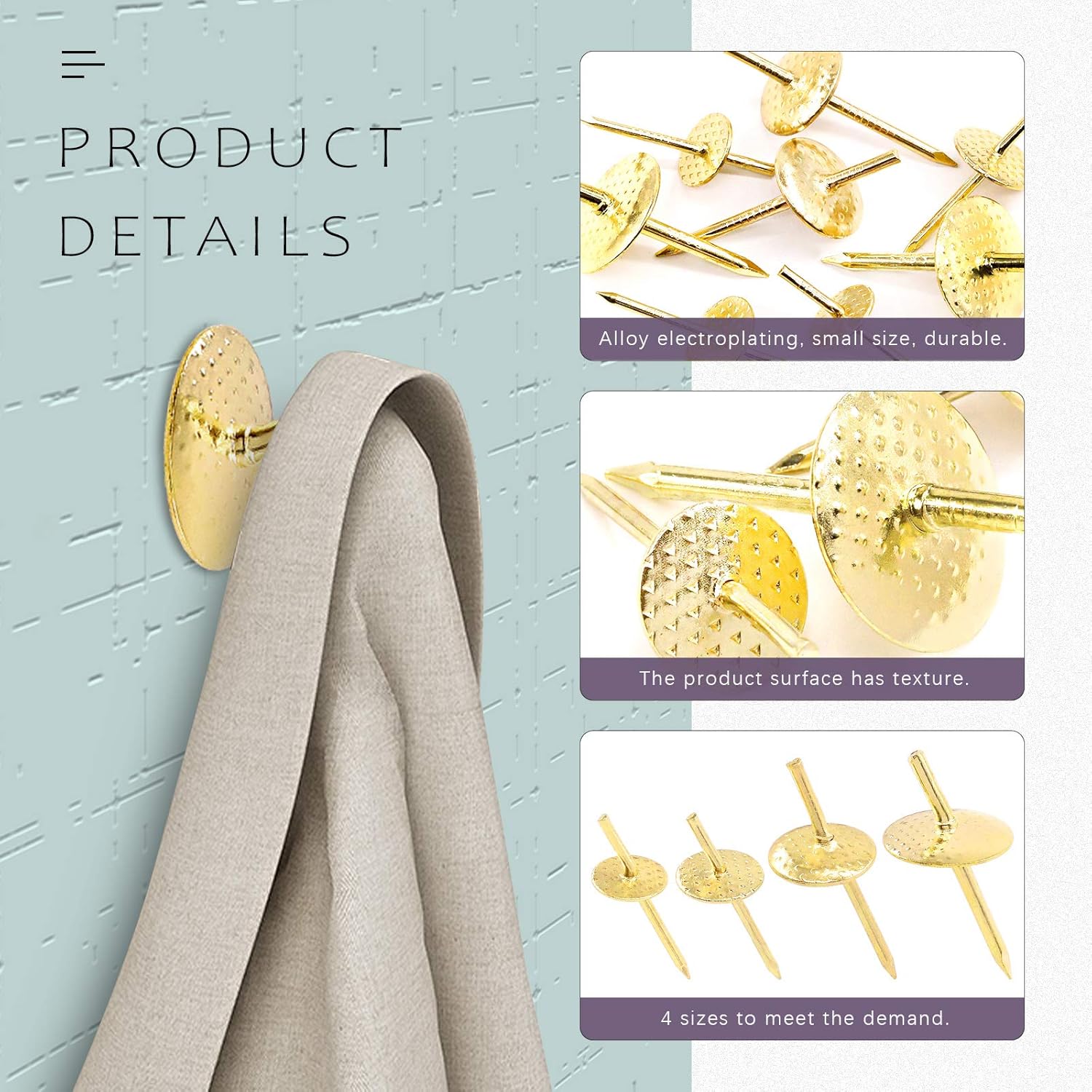 Swpeet 60Pcs 4 Different Sizes Gold Picture Hangers Assortment Kit, 10Ib 20Ib 40Ib 60Ib Professional Iron Alloy Nail Hooks Photo Picture Frame Hangers Kit on Wooden, for Clock, Mirror, Jewelry