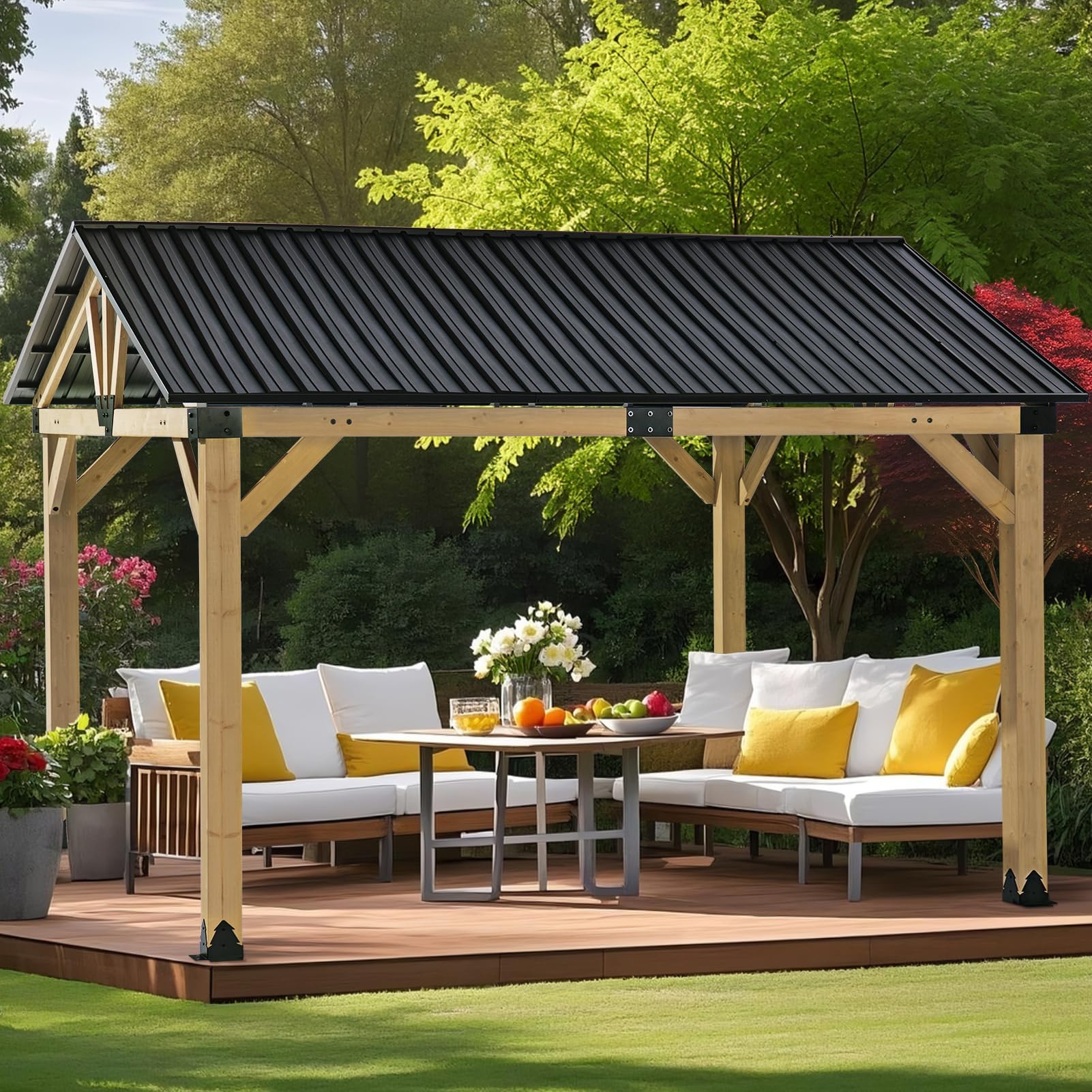 CHARMELEON Wood Gazebo 10x12 FT โ Hardtop Metal Roof Patio Cedar Gazebo with ...