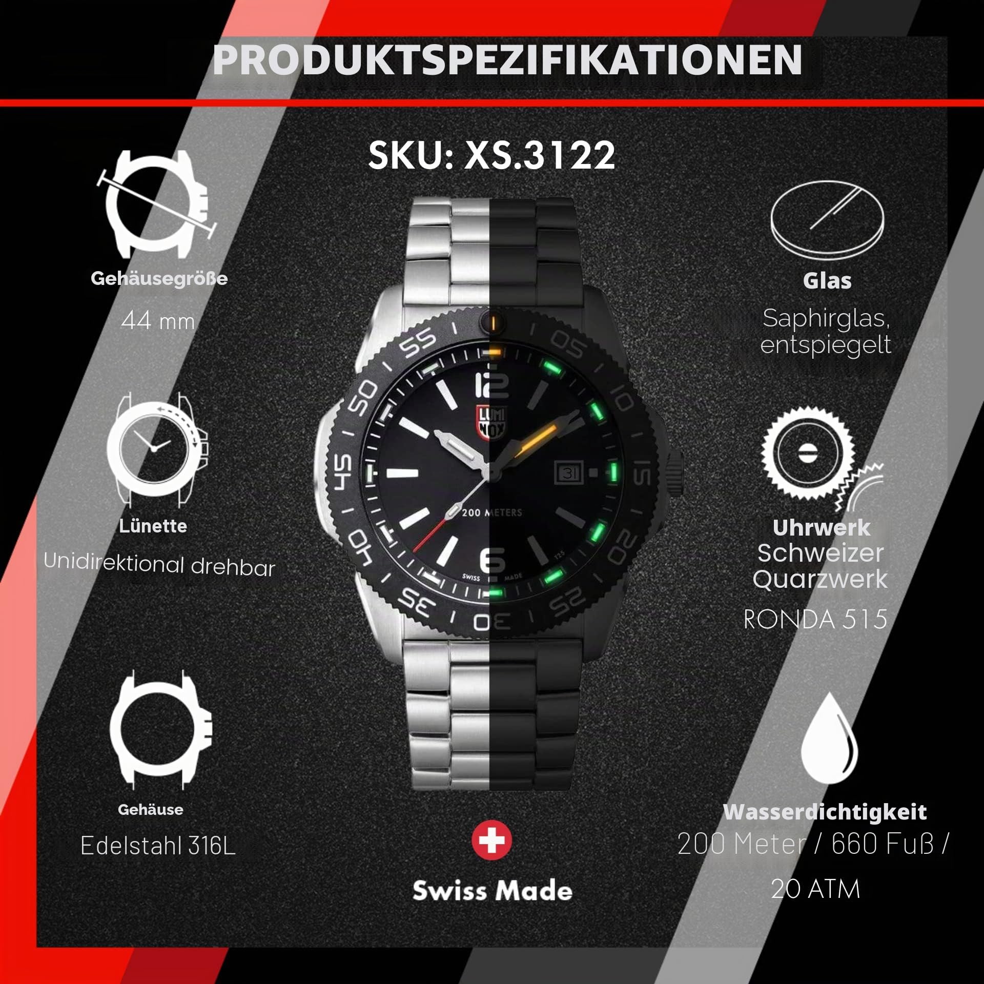 Luminox Pacific Diver XS.3122 Herrenuhr 44mm - Taucheruhr in Silber/Schwarz mit Datumsanzeige 200m wasserdicht Saphirglas