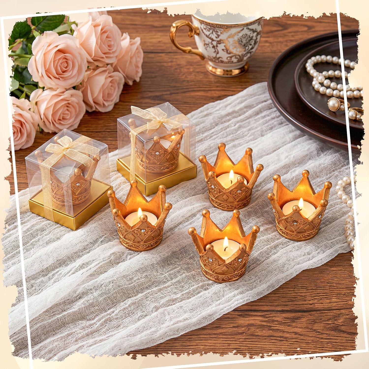 12 Set Quinceanera Party Favors Crown Gold Candle Holder with Tealight Candle 15th Birthday Party Favor Quinceanera Centerpieces Table Decor Guest Gift for Wedding Birthday Celebration