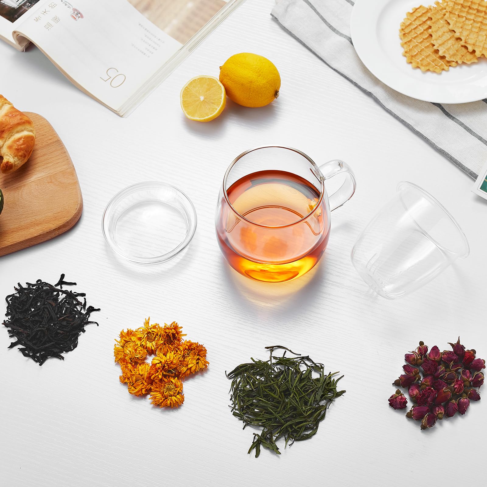 Tazze, Tazza da Tè in Vetro con Uovo e Coperchio, Grande, in Borosilicato, 500 ml, Tazza Trasparente per Tè Sfuso, Tazze Tè Fiorito, Tazza Vetro per Bustina da Tè
