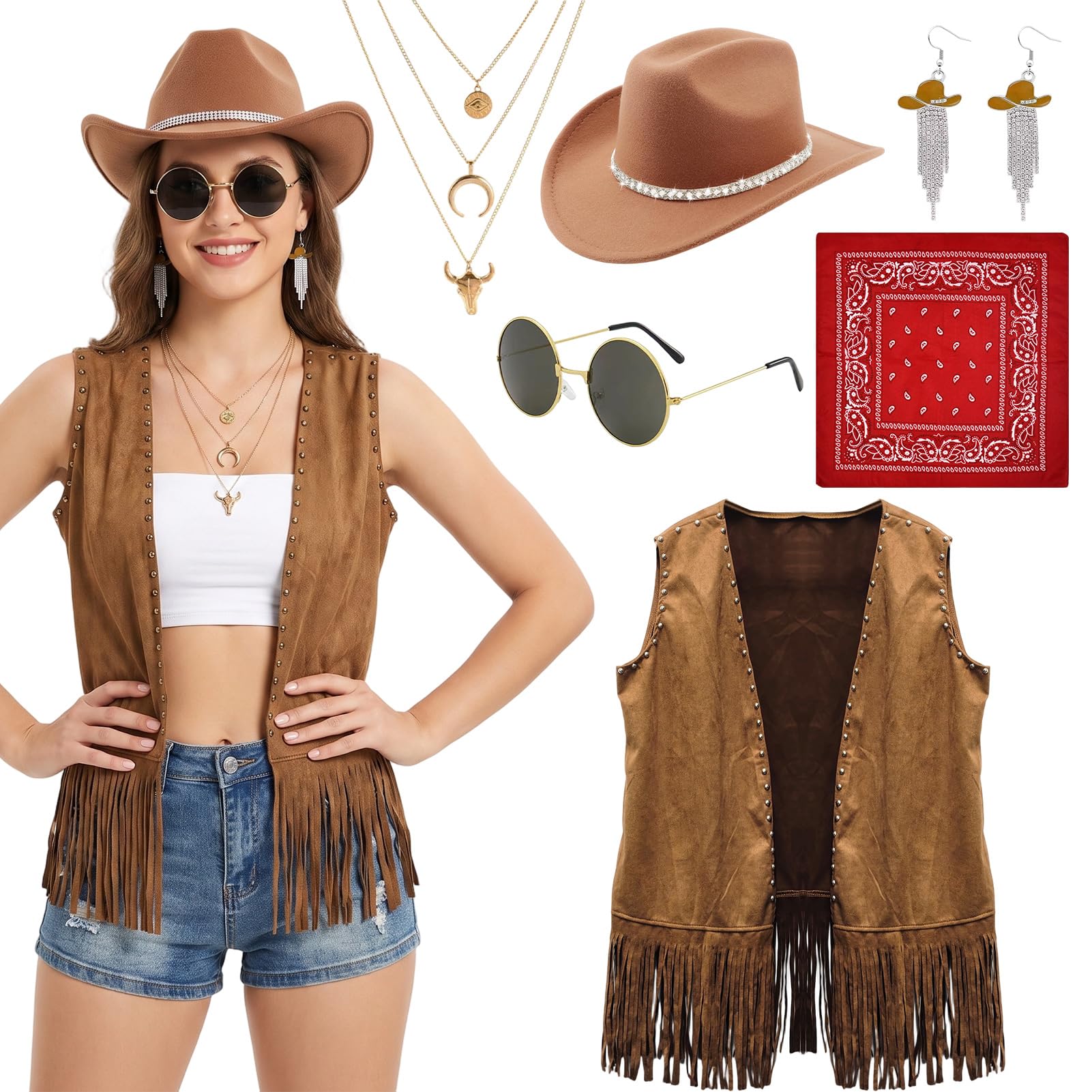 Maryparty Western Cowgirl Costume Set for Women 70s Hippy Fancy Dress for Halloween Western Theme Party (BROWN, XXL)
