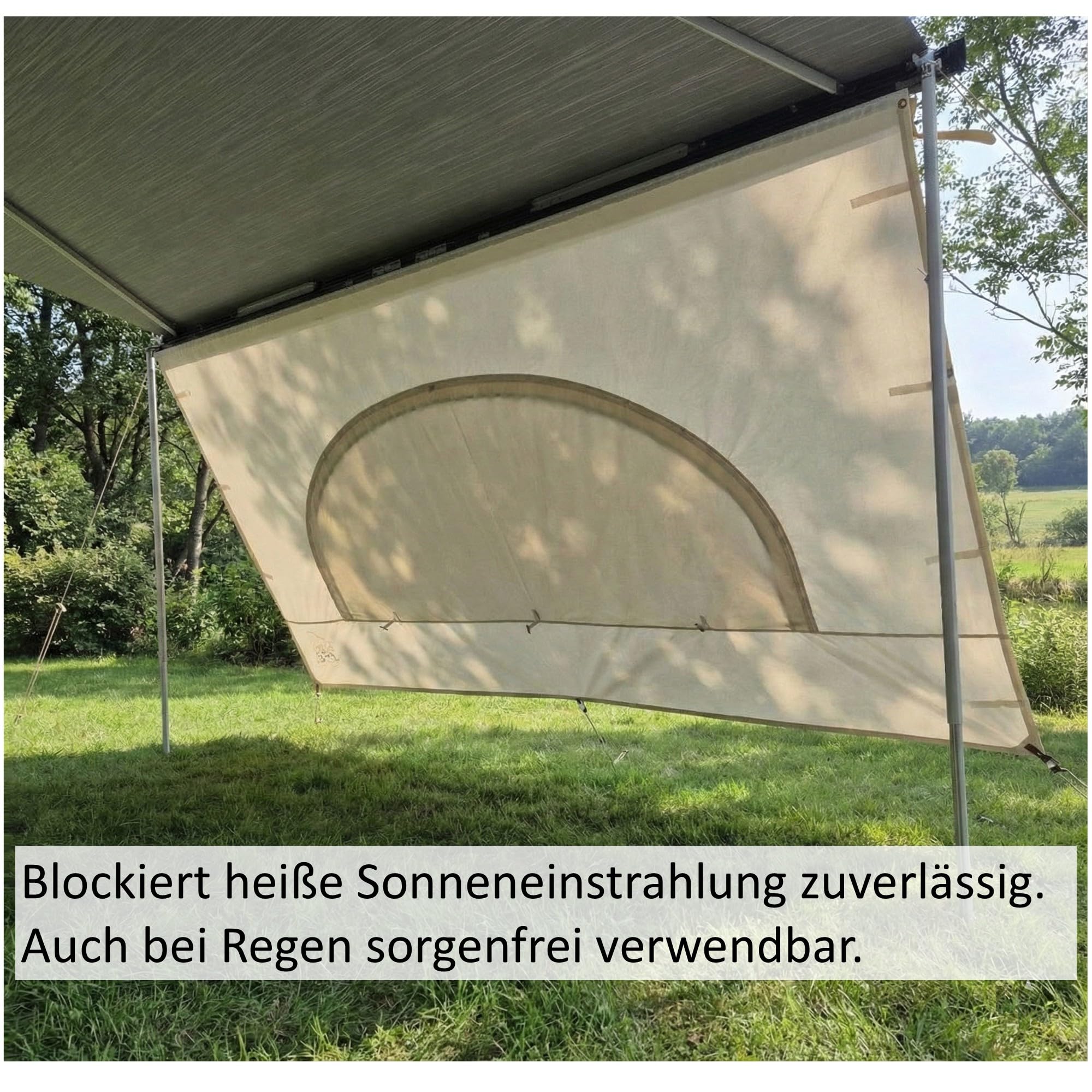 AIRIS Sun & Rain Blocker – Markisenvorderwand oder Seitenwände für Markisen – Premium Baumwollgewebe – Sicht- und Sonnenschutz für Camper & Wohnmobil – deutlich kühler als Polyester