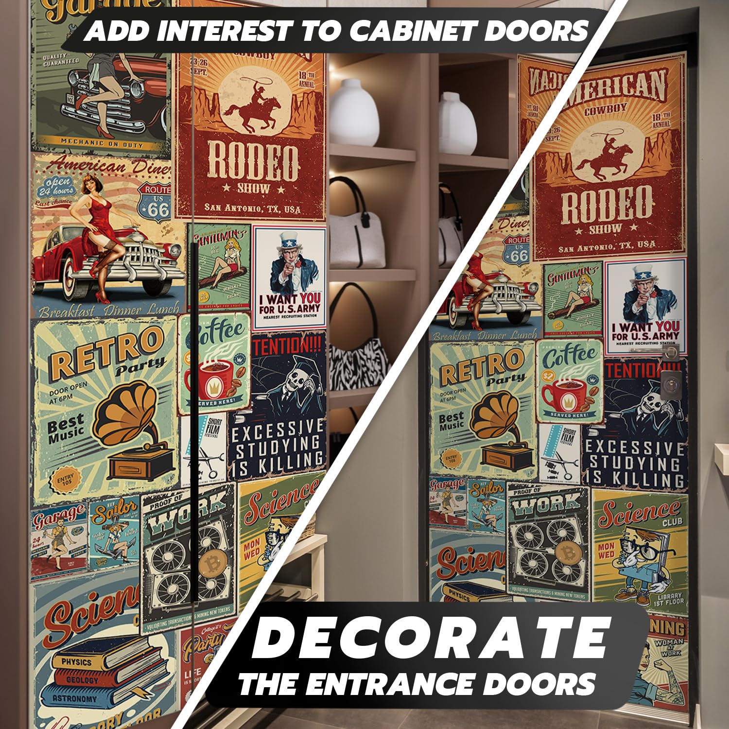 Alwayspon Selbstklebende Türaufkleber, Retro-Vintage-Poster, Vinyl, abziehen und aufkleben, wasserdicht, abnehmbar, für Schlafzimmer, Zuhause, Wanddekoration, 200 x 76 cm