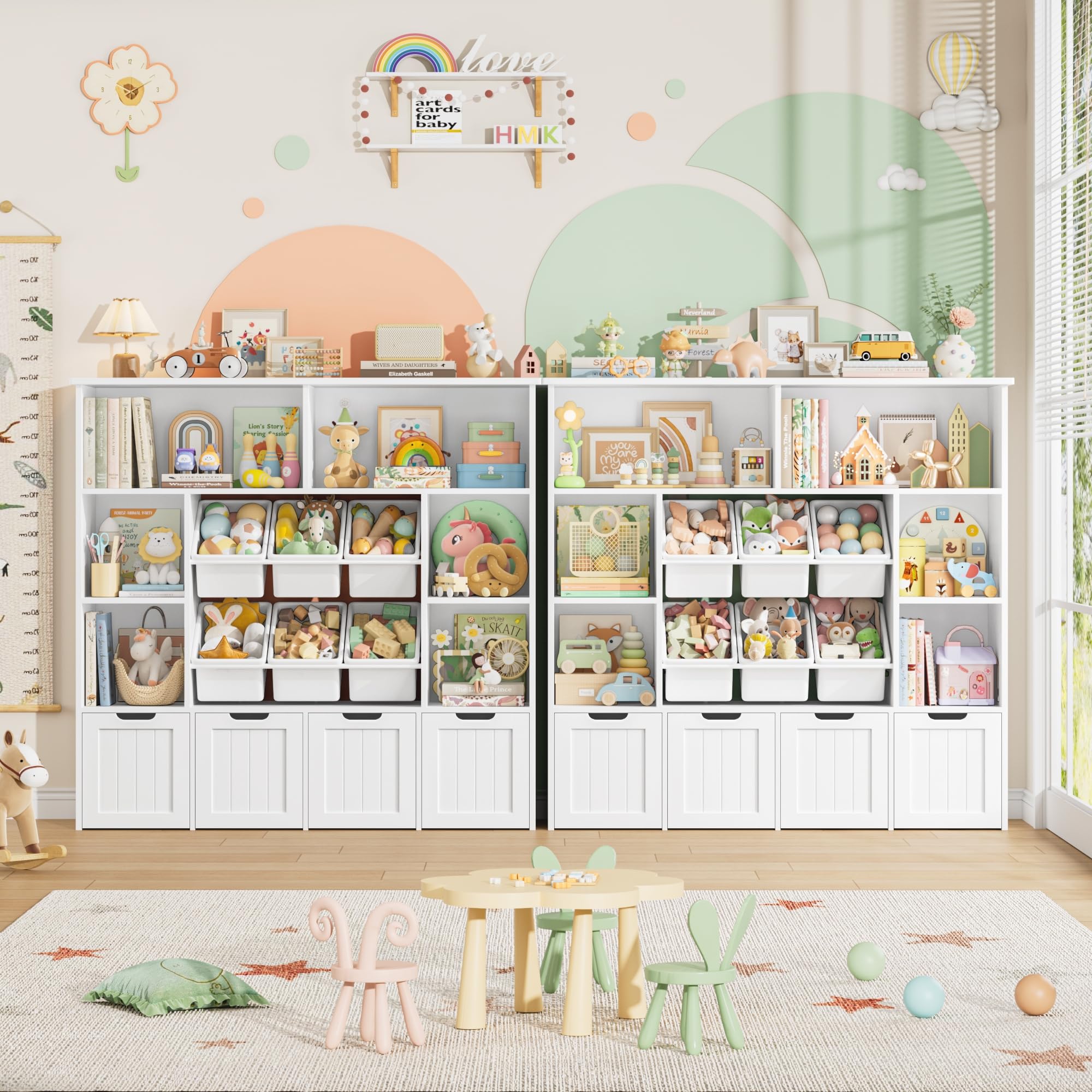 FOREHILL Meuble Rangement Enfant Bibliothèque Enfant Tiroir Roulant Blanc | Rangement jouet enfant et livres | 125x33x121cm | 7 étagères 6 boîtes amovibles | Meuble pour chambre enfant salle de jeu