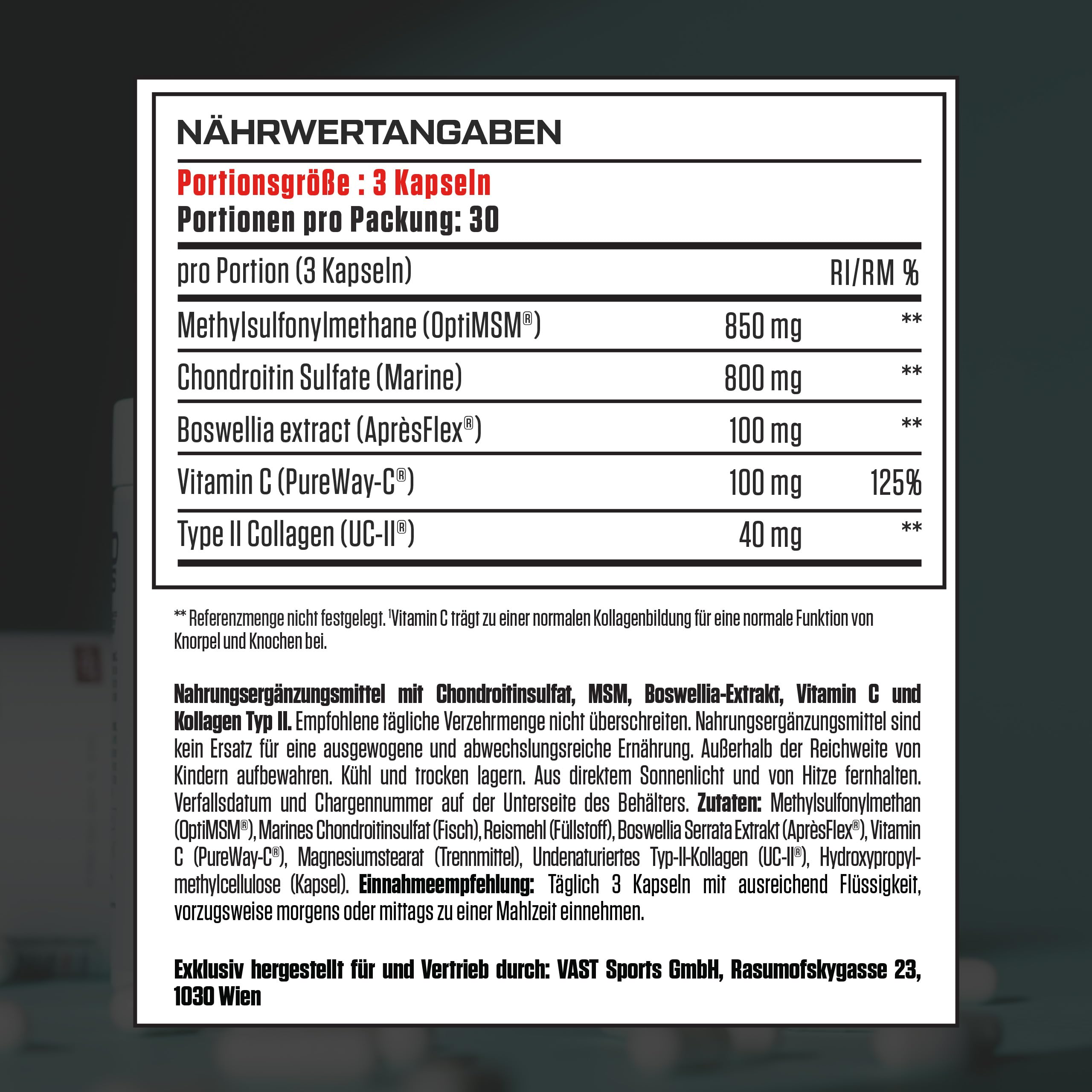 VAST Pro Flex Joint Support, 90 Kapseln (30 Tagesportionen), mit 850 mg OptiMSM®, 800 mg marines Chondroitin, AprèsFlex® Boswellia, UC-II® Kollagen & Vitamin C