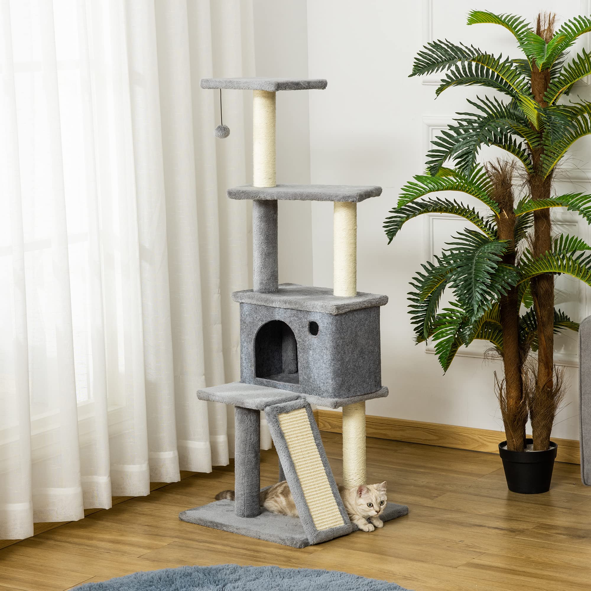PawHut Arbre à Chat Griffoir Grattoir Tour de Jeu avec Niche 125 cm Gris | Plate-Formes, Balle Suspendue