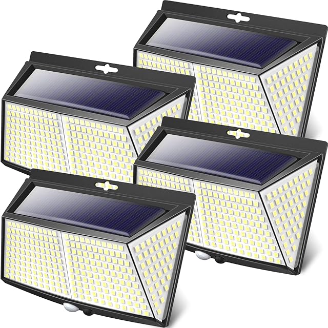 Solar Lights Outdoor,4 Pack 308 LED Solar Motion Sensor Security Lights IP65 Waterproof Super Bright 270° Wide Angle 3 Modes Solar Wall Light for Front Door, Yard, Garage, Garden 