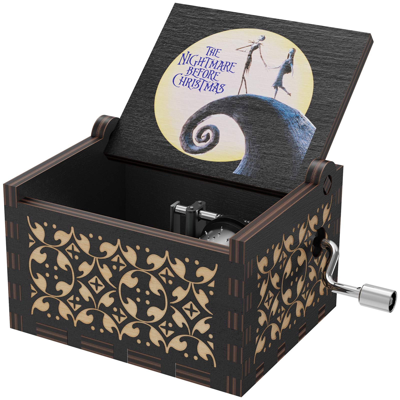 The Nightmare Wood Music Boxes Before Christmas, Wooden Carving Retro Hand Rotary Musical Box Best Gift for Halloween Christmas Thanksgiving (White)