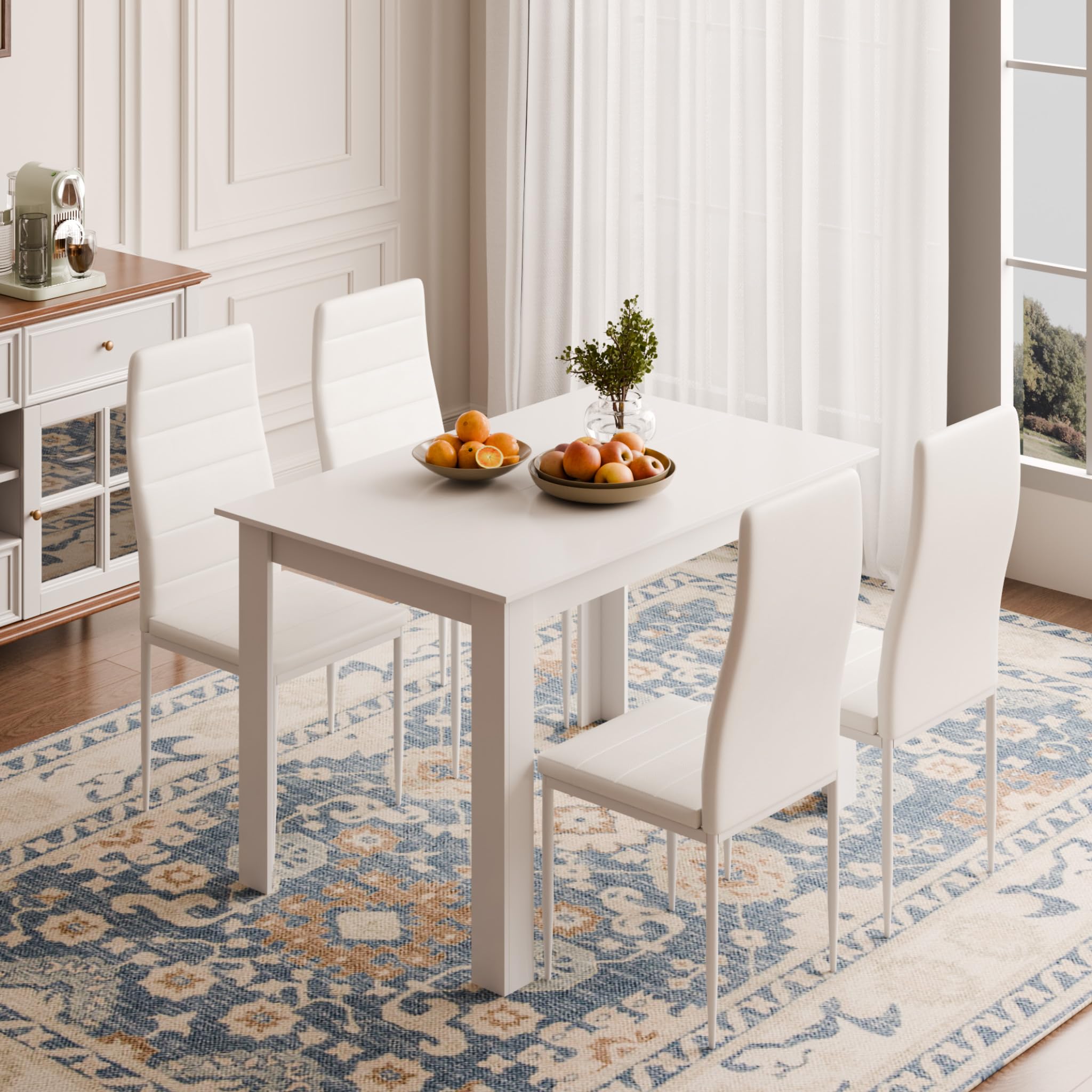 Mondeer Esstisch mit 4 Stühlen Set, Essgruppe mit Hochlehner Kunstleder Stuhl für Küche Esszimmer Wohnzimmer, W120 x D80 x H75 cm, Weiß