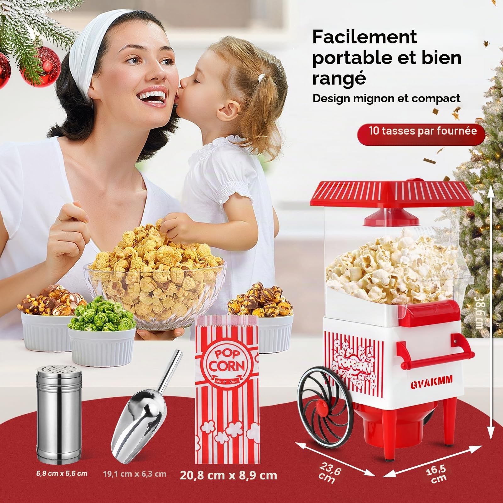 Machine à popcorn, kit de machine à popcorn à air chaud, boîte cadeau, machine à popcorn portable, 10 tasses, sans huile, style rétro, compacte UE