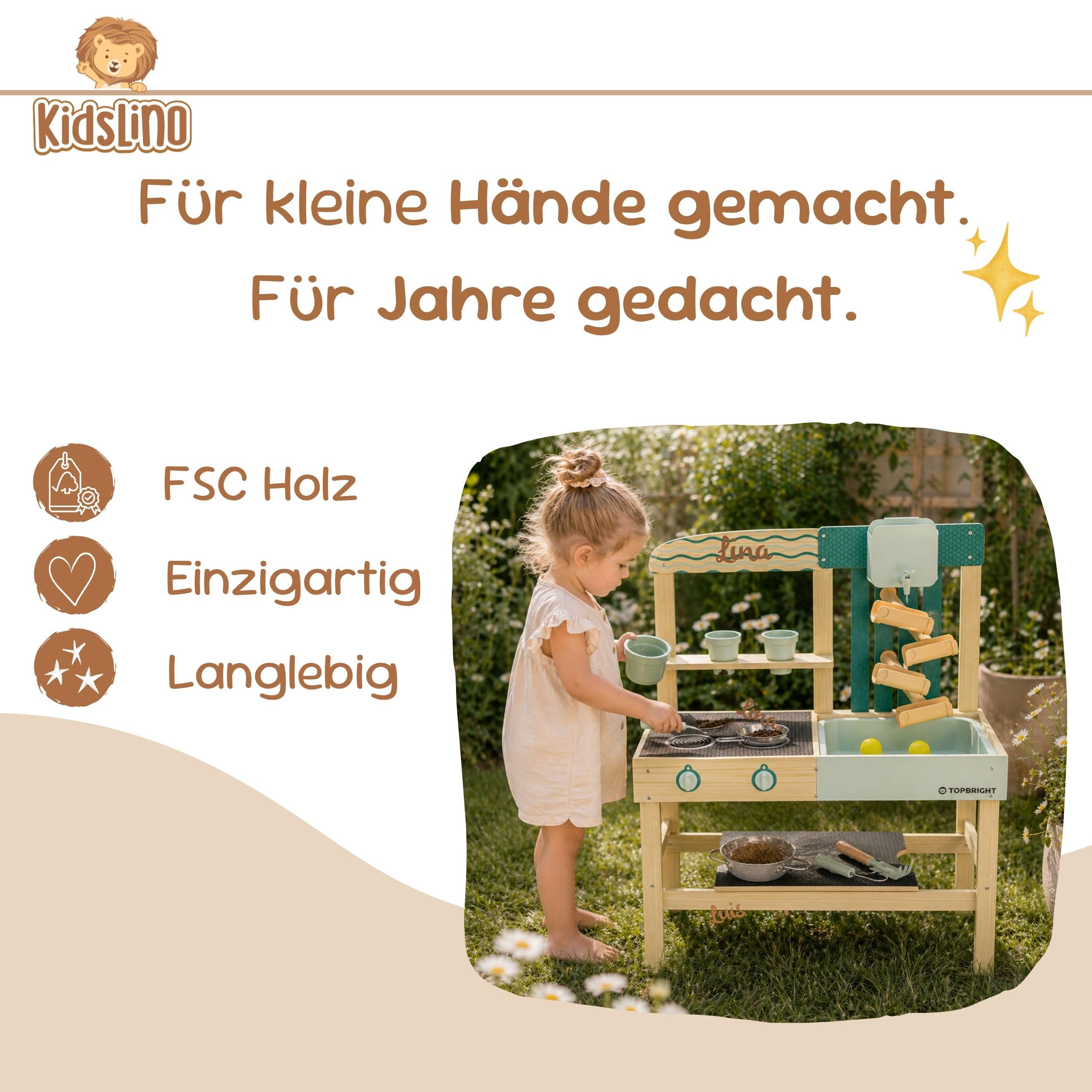 Cocina de juego personalizable para niños al aire libre con depósito de agua y accesorios de madera – Juguete de jardín para niños a partir de 3 años, juguete de exterior con pista de agua, accesorios