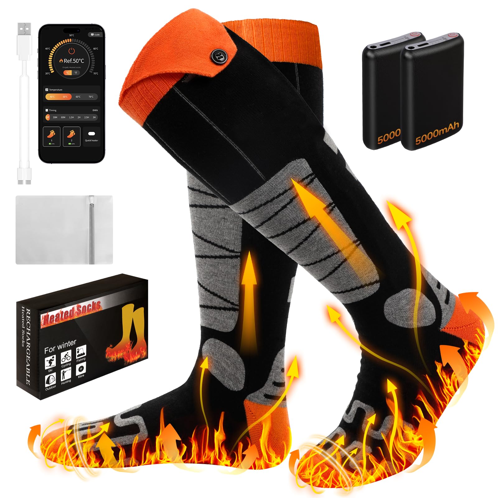 Chaussettes Chauffantes 5000mAh x 2 Batterie Rechargeable Contrôle APP 4 Températures pour Ski