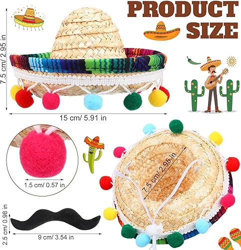 Miniatura 2 de Jiuguva 12 piezas de mini sombrero mexicano de paja, bigote falso negro, barba falsa autoadhesiva para niños, mascotas, decoraciones de fiesta