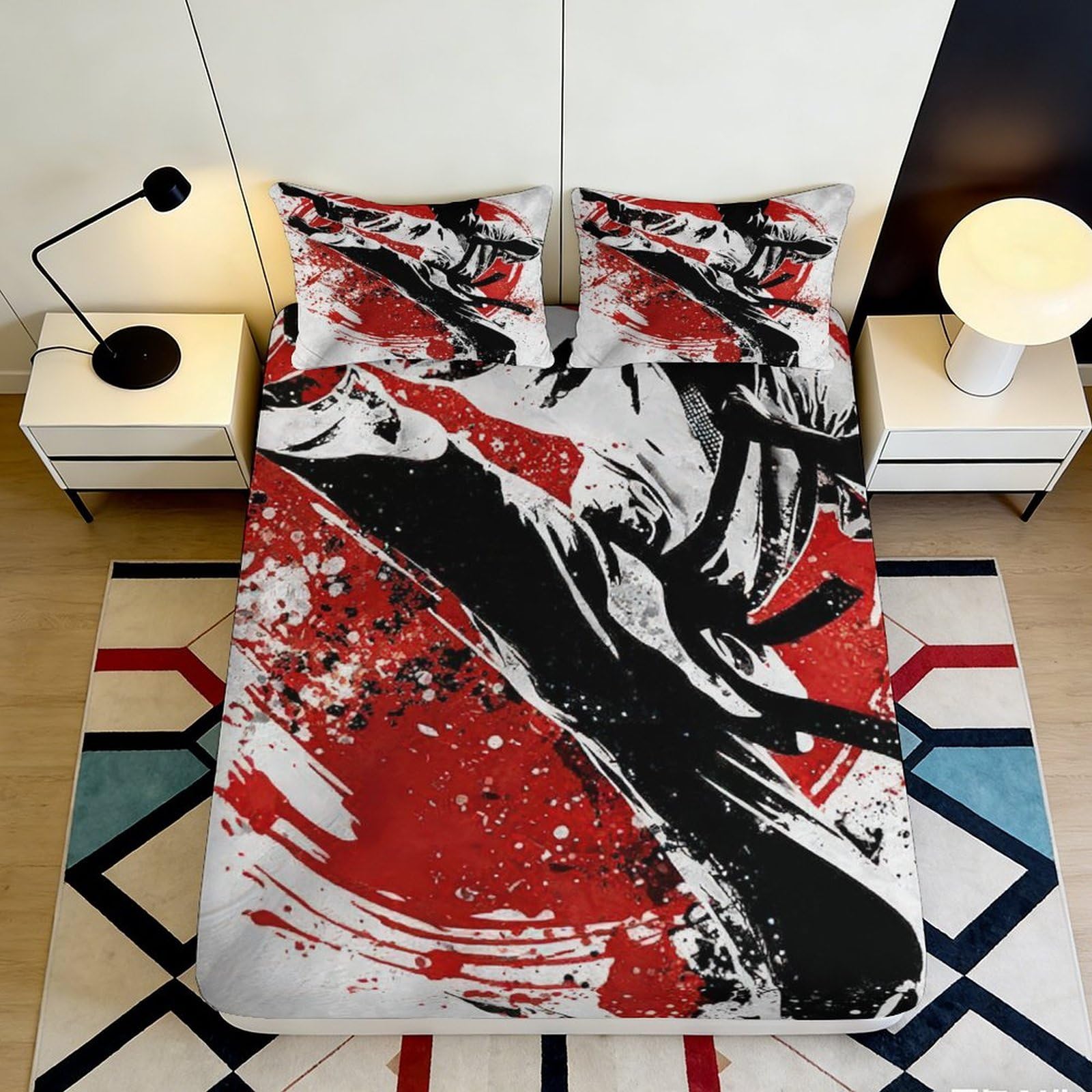 3D Printed Abstract Brushstroke Red Black Fitted Sheet Microfiber Soft Bed Cover for Bedroom Guestroom Decor 90x200x25cm