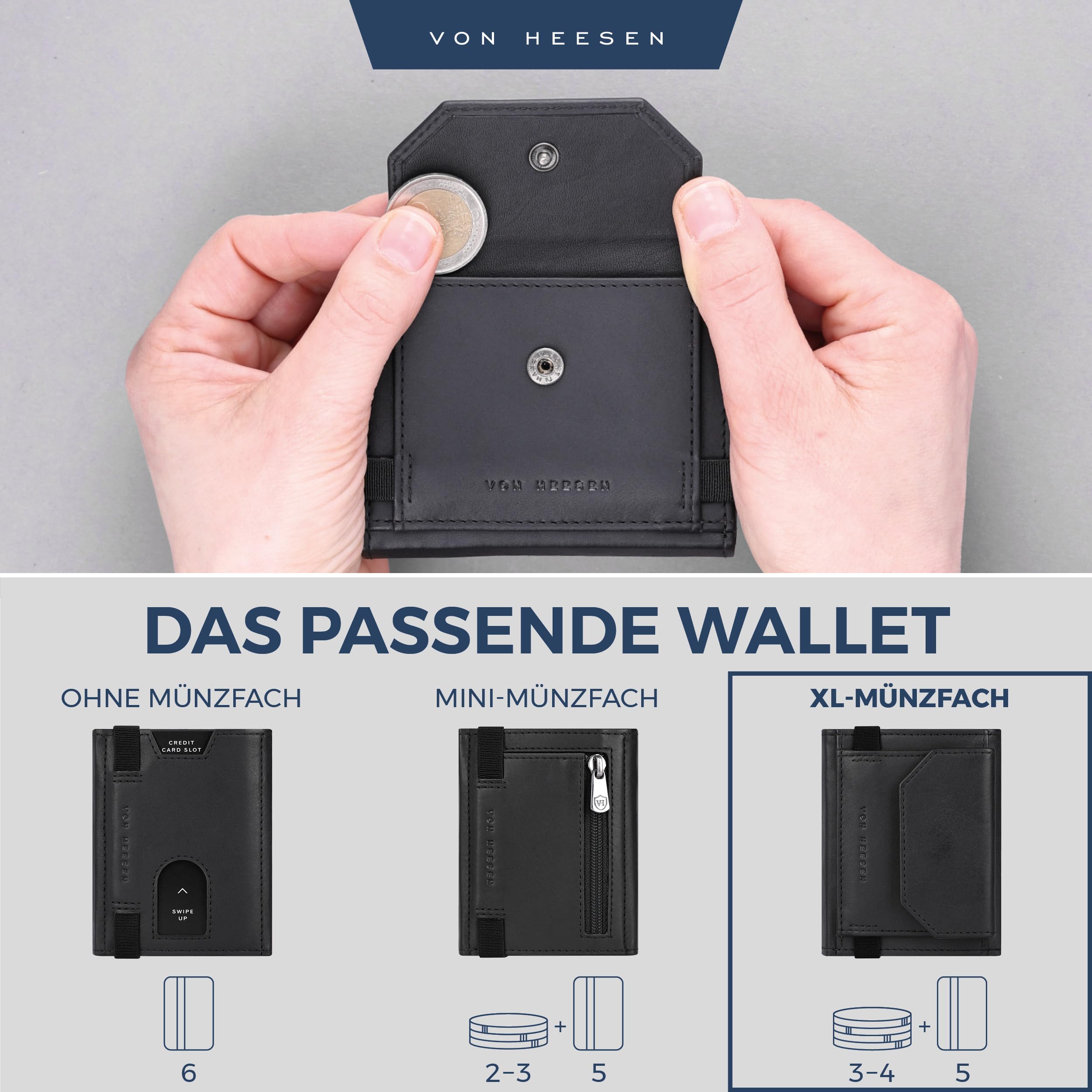 VON HEESEN Slim Wallet mit XL Münzfach & RFID-Schutz - Leder Geldbeutel - Mini Geldbörse für Herren und Damen - Kartenetui Echtleder Karten Portemonnaie klein - Kreditkartenetui Schwarz (Waxy)