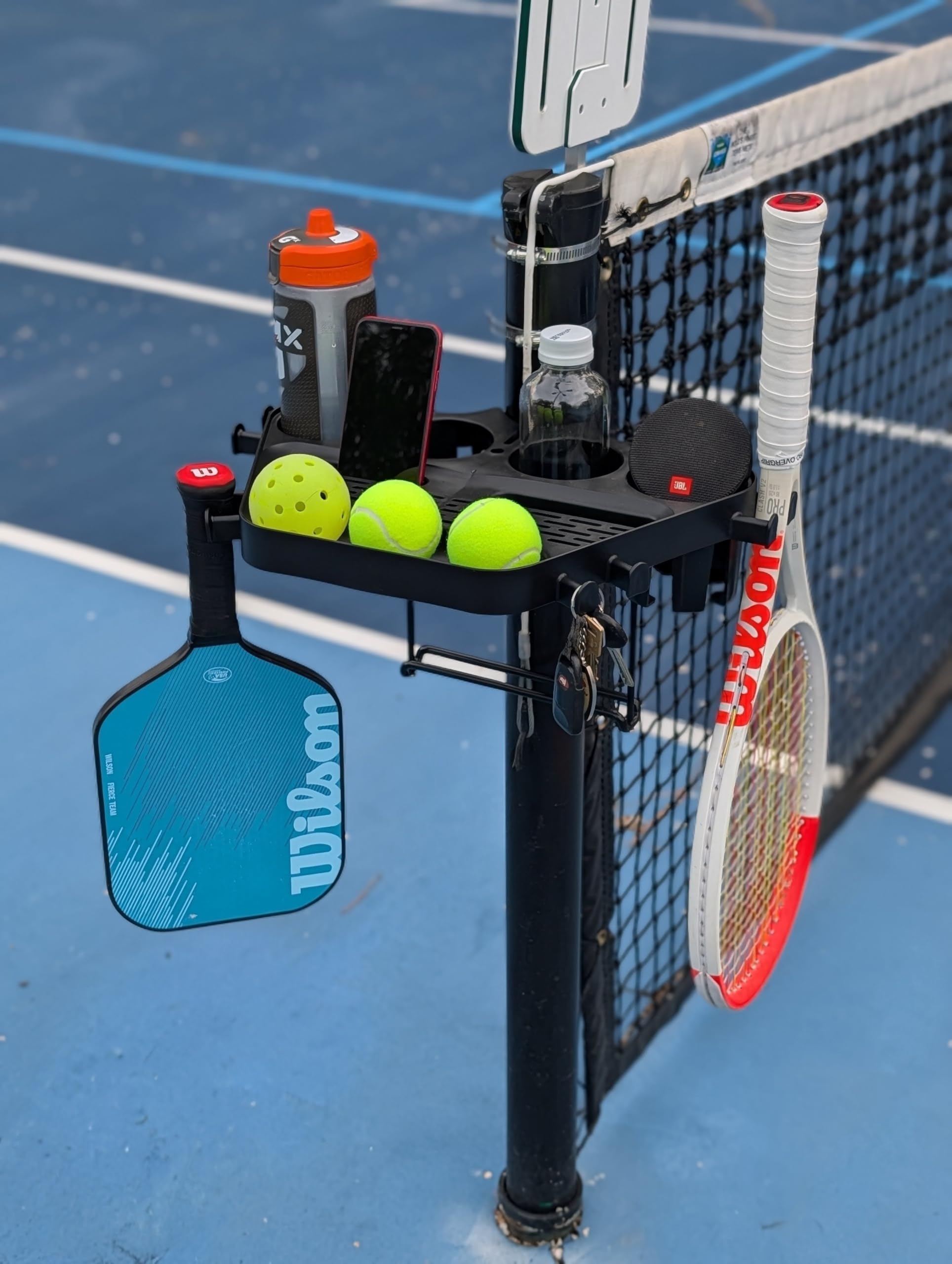 Grand Slam Court Caddie - Tennis and Pickleball Court Organizer for Fence and Net Post - Cup Holders, Phone Storage, Ball Slots, Racquet Hooks and
