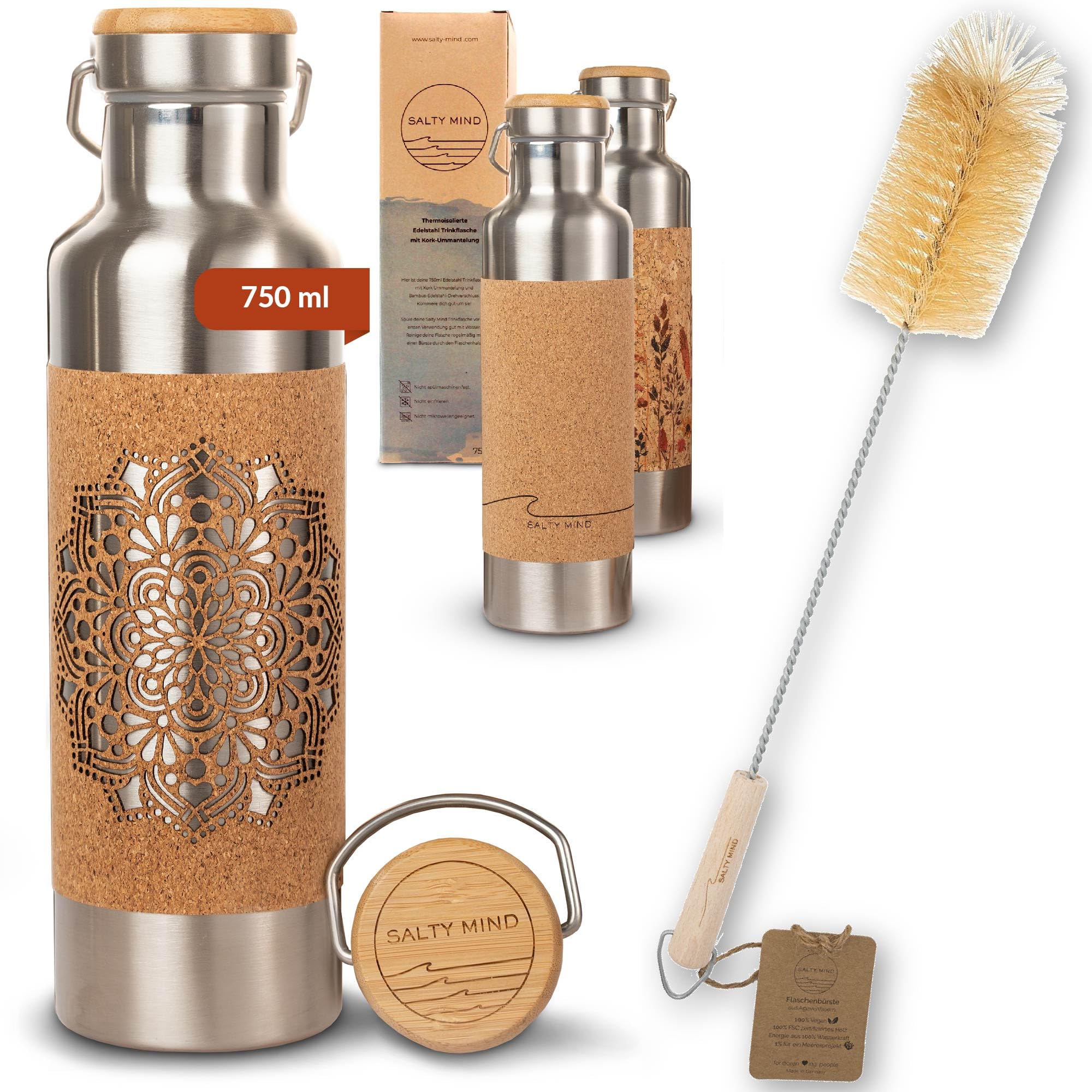 Borraccia in acciaio inox 750 ml + spazzola per bottiglie – Borraccia termica sostenibile e isolata in acciaio inox – Bottiglia Iso senza BPA – Bottiglia termica (Mandala Laser Cut)
