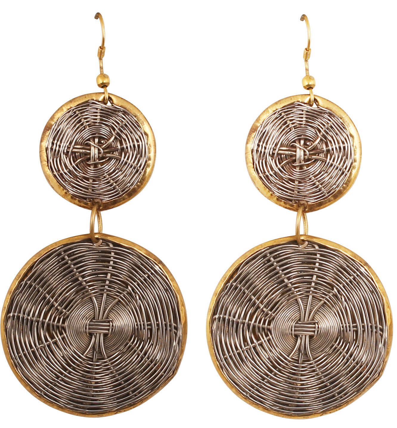 Touchstone Tribal Boho Chic Bohemian Mandala Large Round Shape Woven Basket Theme Earrings in Fine Multiple and Concentric Wires in Antique Gold and Silver Tones for Women.
