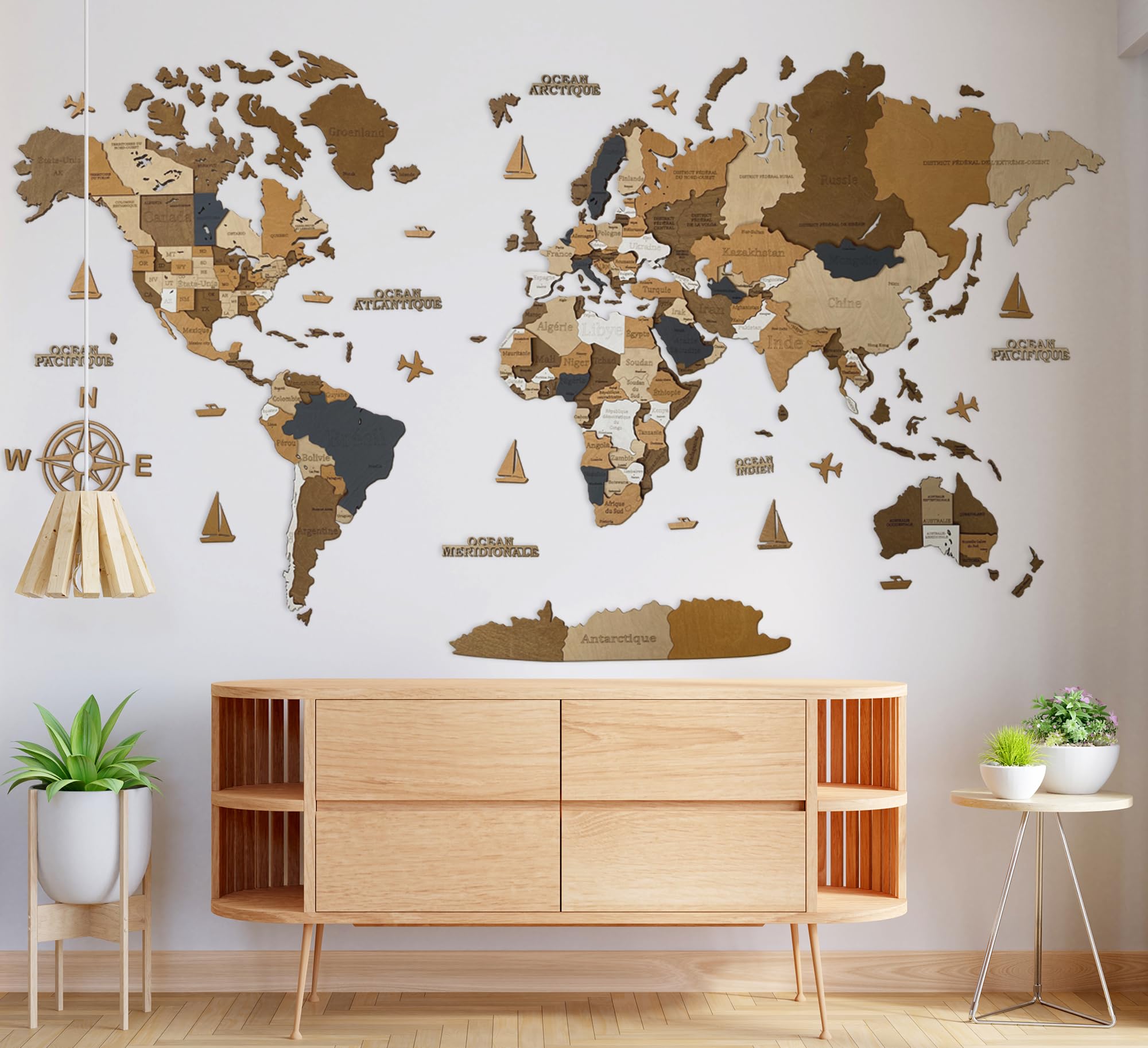 WoodLeo Carte du monde en bois (en français) - Décoration murale 3D - Taille de la carte (M, L, XL) - Art mural pour la maison, la cuisine ou le bureau