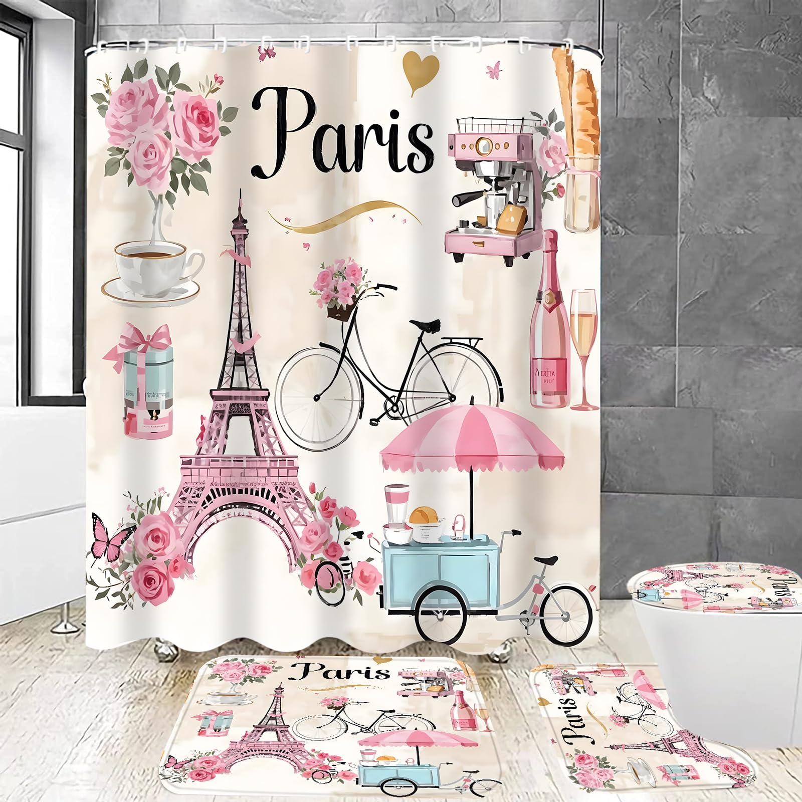Ensemble Salle De Bain 4 Pièces - Motif Tour Eiffel Paris